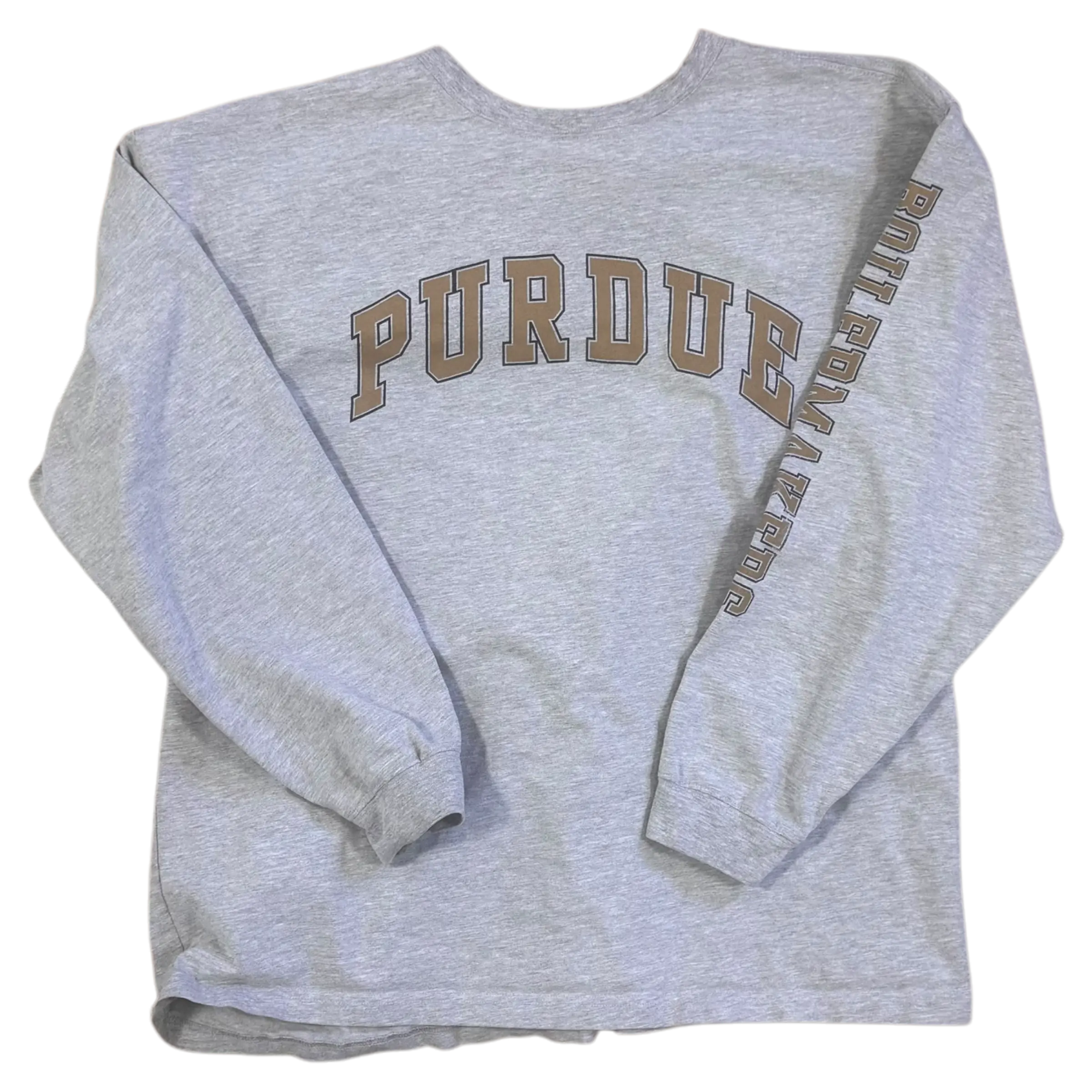 Gray XL Purdue Boilermakers long sleeve shirt featuring bold lettering across the chest and unique sleeve print design.