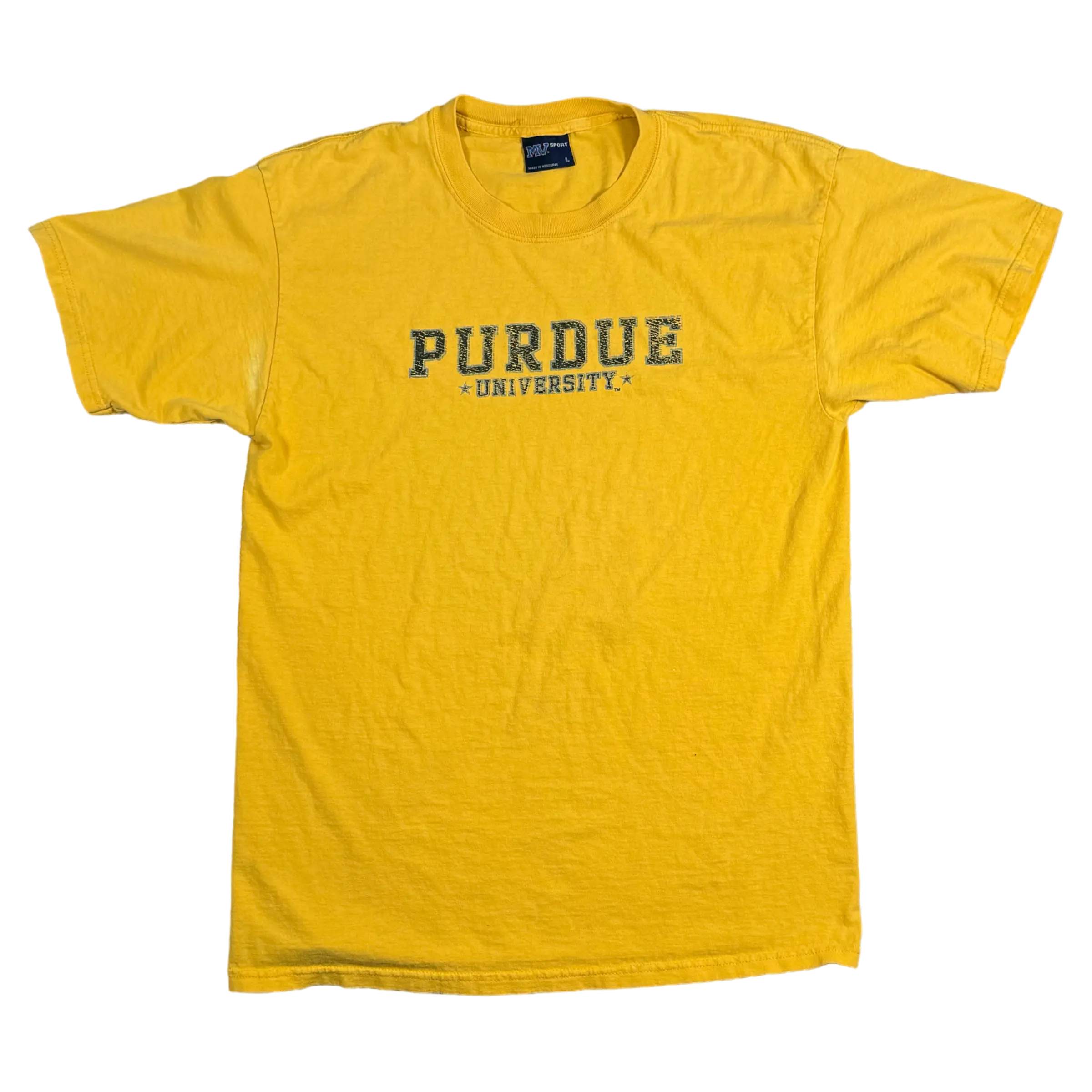 Yellow Purdue University Tee with bold text design, perfect for casual wear or cheering on the Boilermakers. Size XL, made by MV Sport.