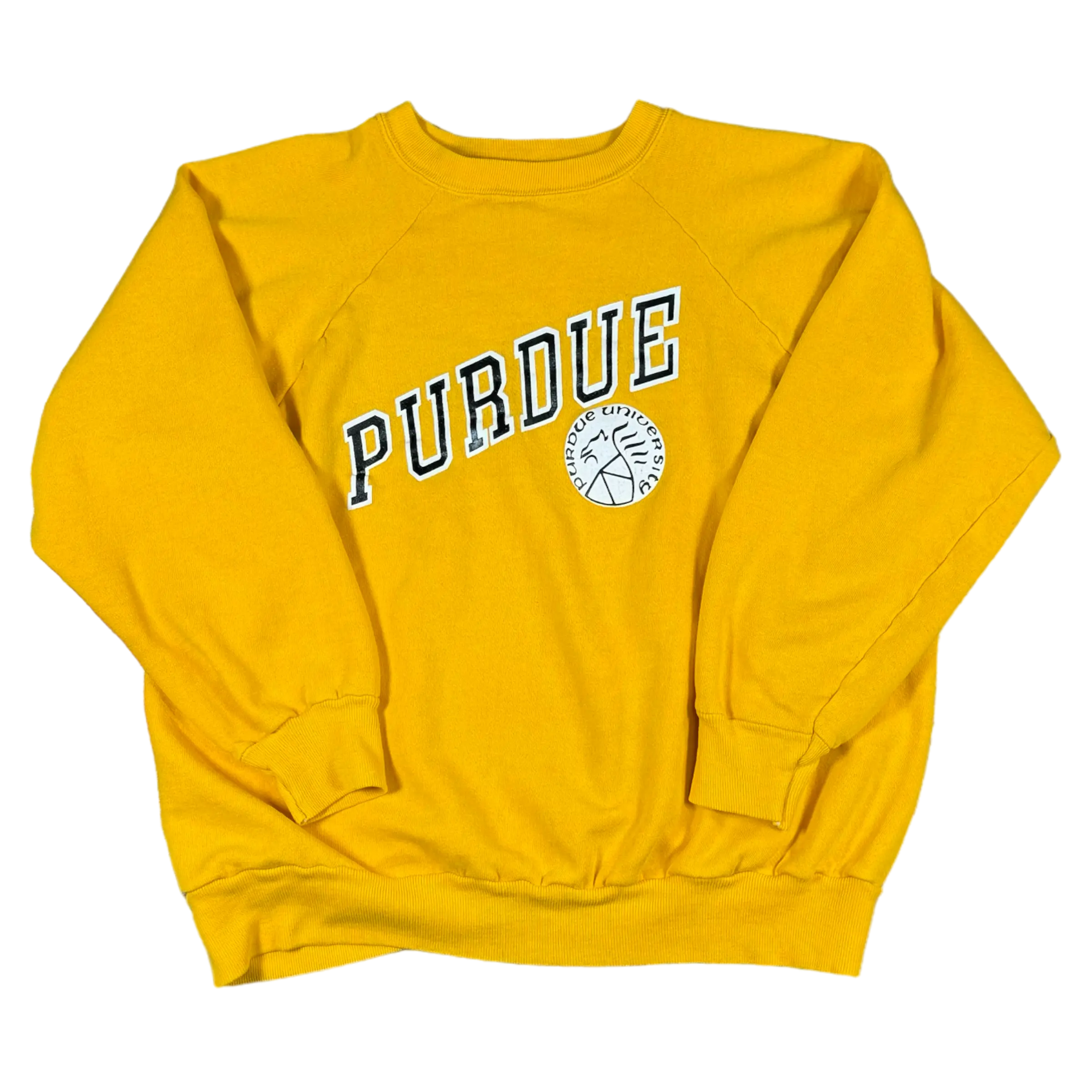 Vintage gold Purdue Crest Crew sweatshirt, size S, featuring detailed Purdue crest logo and white collegiate lettering.