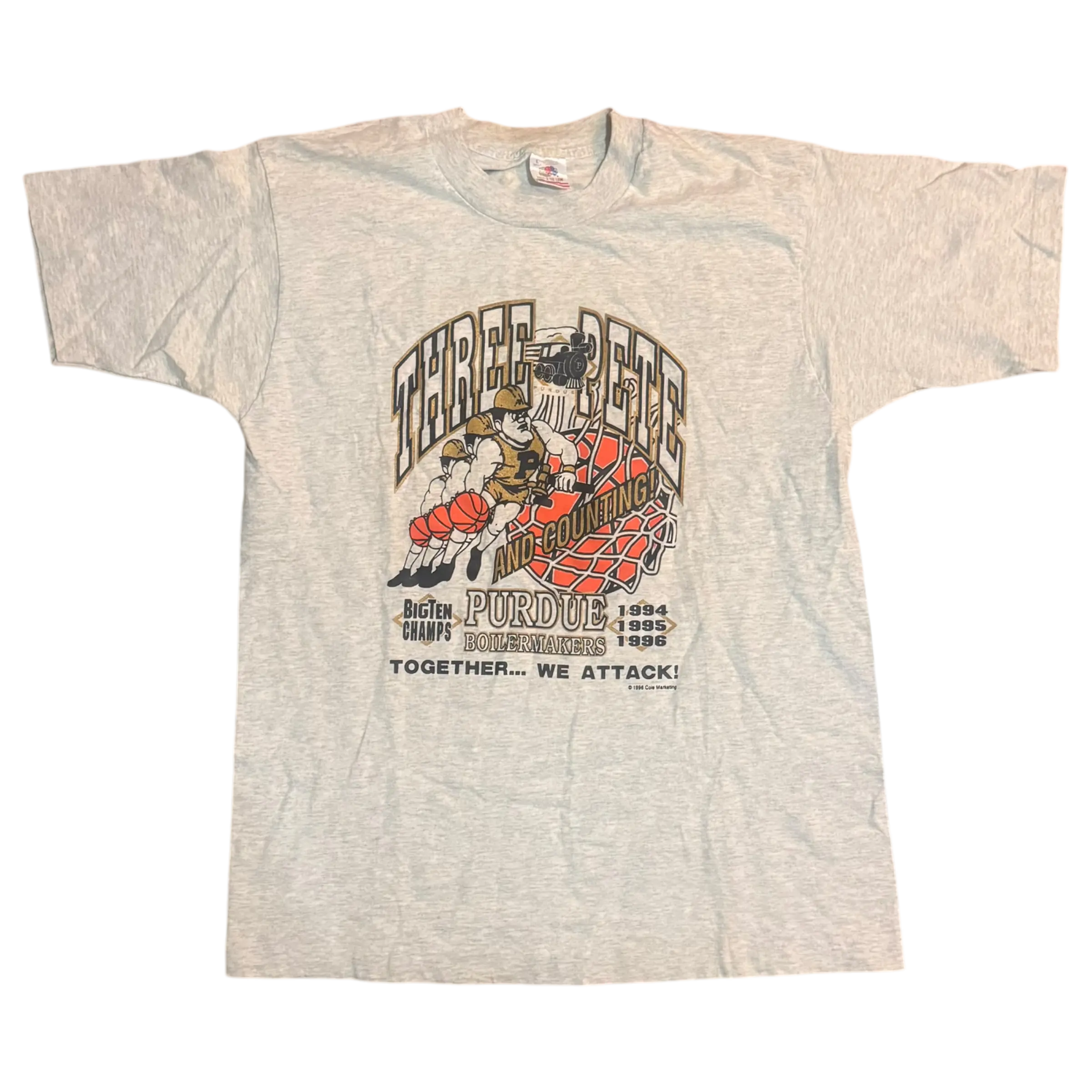 Vintage Purdue Basketball Three Pete T-shirt in size large with commemorative design and light gray color.