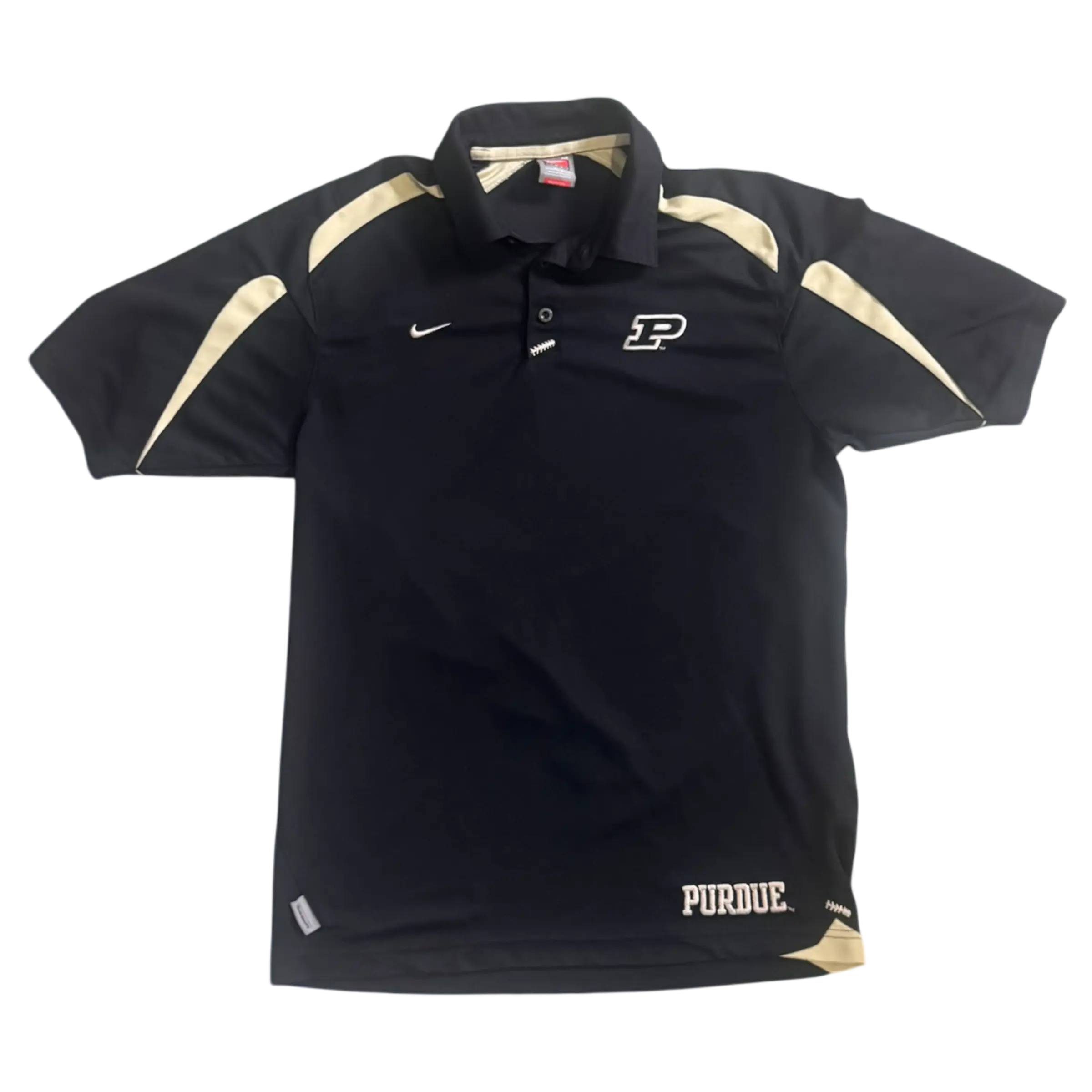 Black Purdue Dri Fit polo with gold accents and Purdue logo, ideal for game days or casual wear.