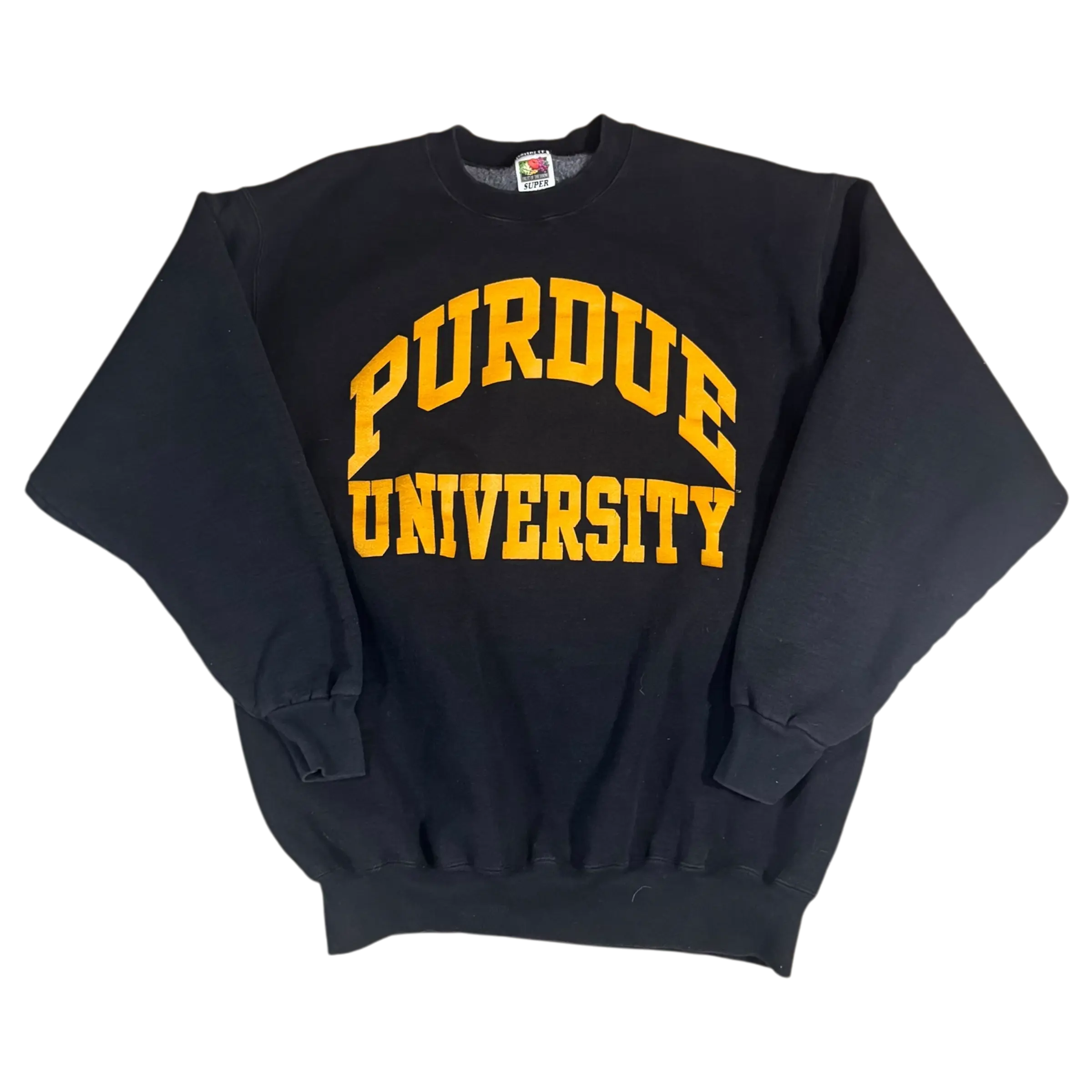 Vintage Purdue University black crewneck sweatshirt by Fruit of the Loom, featuring bold yellow lettering. Size XL, good condition.