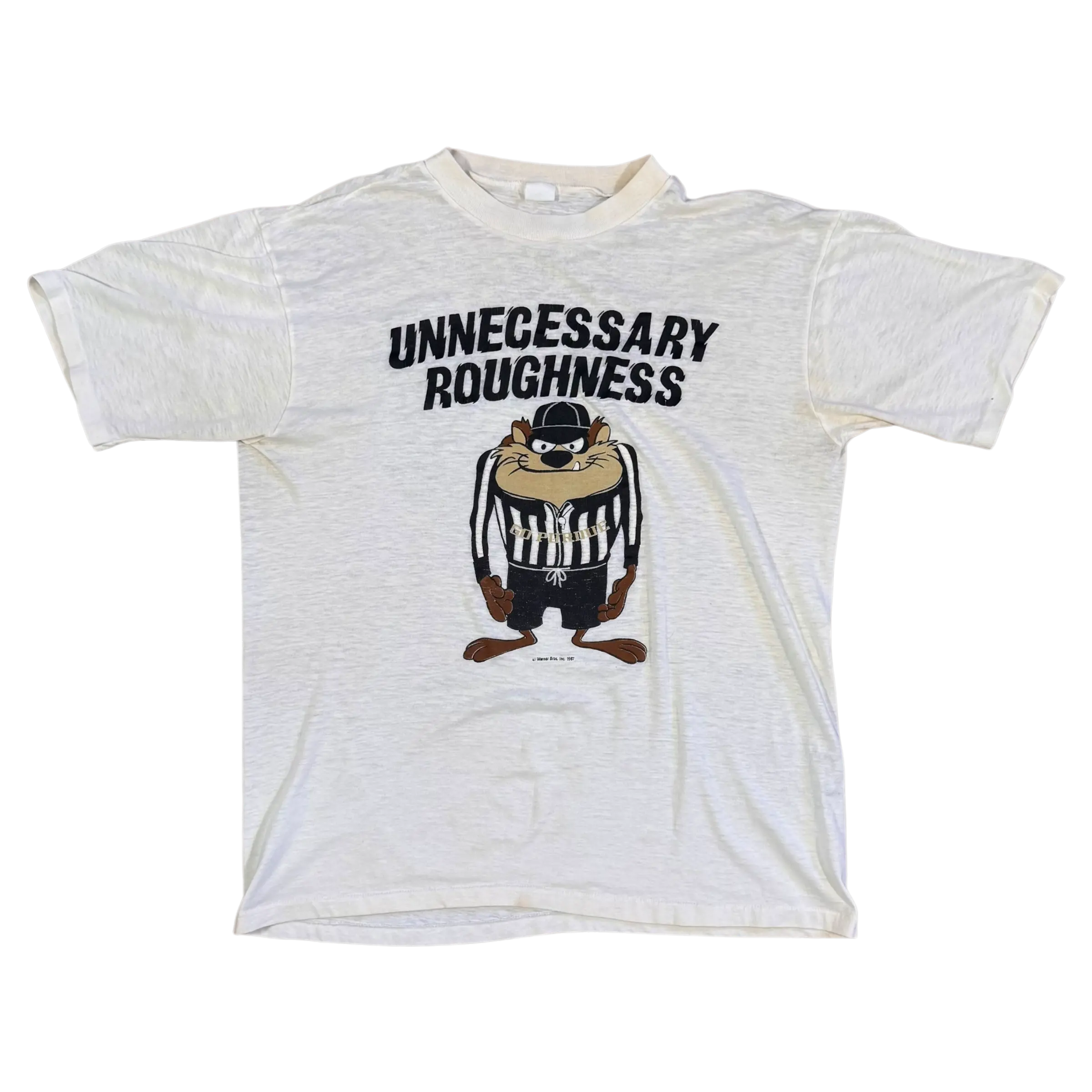 Vintage Purdue 1987 Tazmanian Devil T-shirt in size large with ‘Unnecessary Roughness’ graphic and extremely thin fabric.