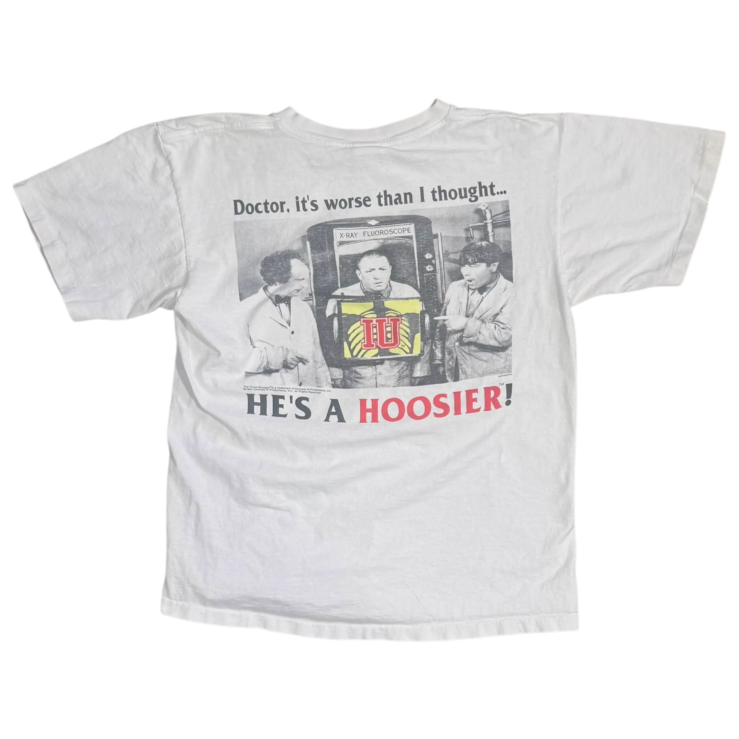 White 3 Stooges Purdue T-shirt, size M, featuring a humorous rivalry graphic perfect for Boilermaker fans with a sense of humor.