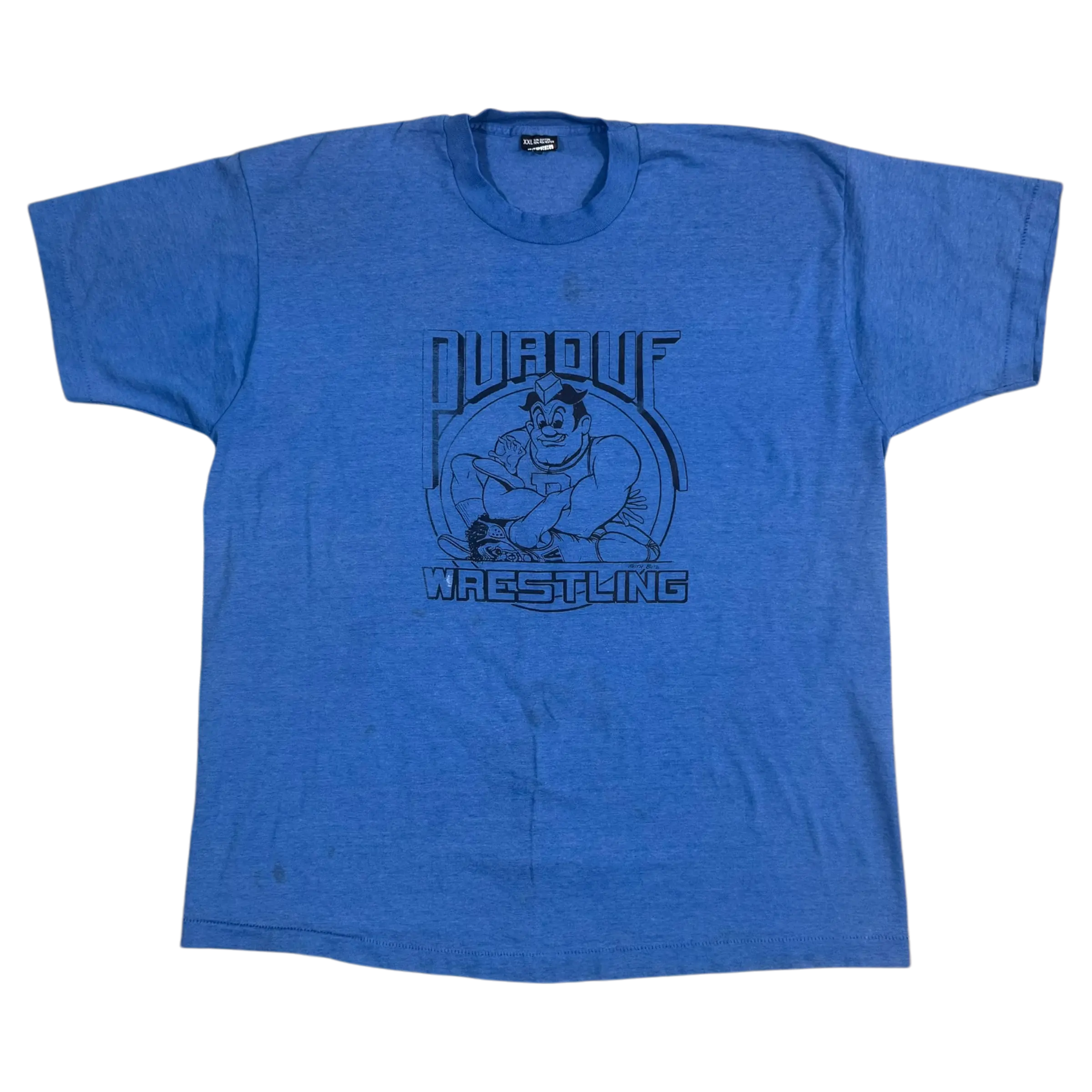 Front view of Purdue Wrestling Tee in blue with bold wrestling graphic.