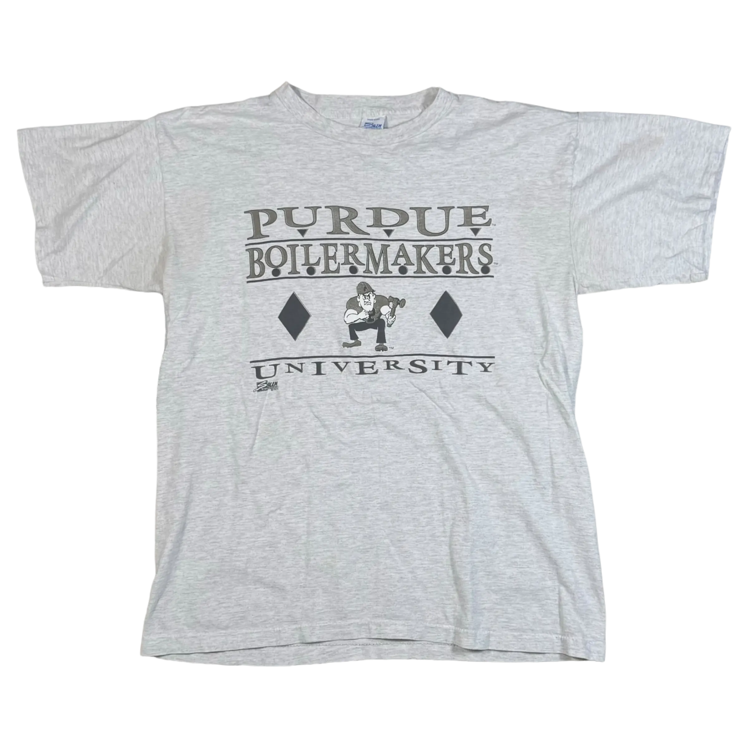 Grey short-sleeve Purdue Shapes Tee with bold graphic design featuring Purdue Boilermakers text and unique shapes.