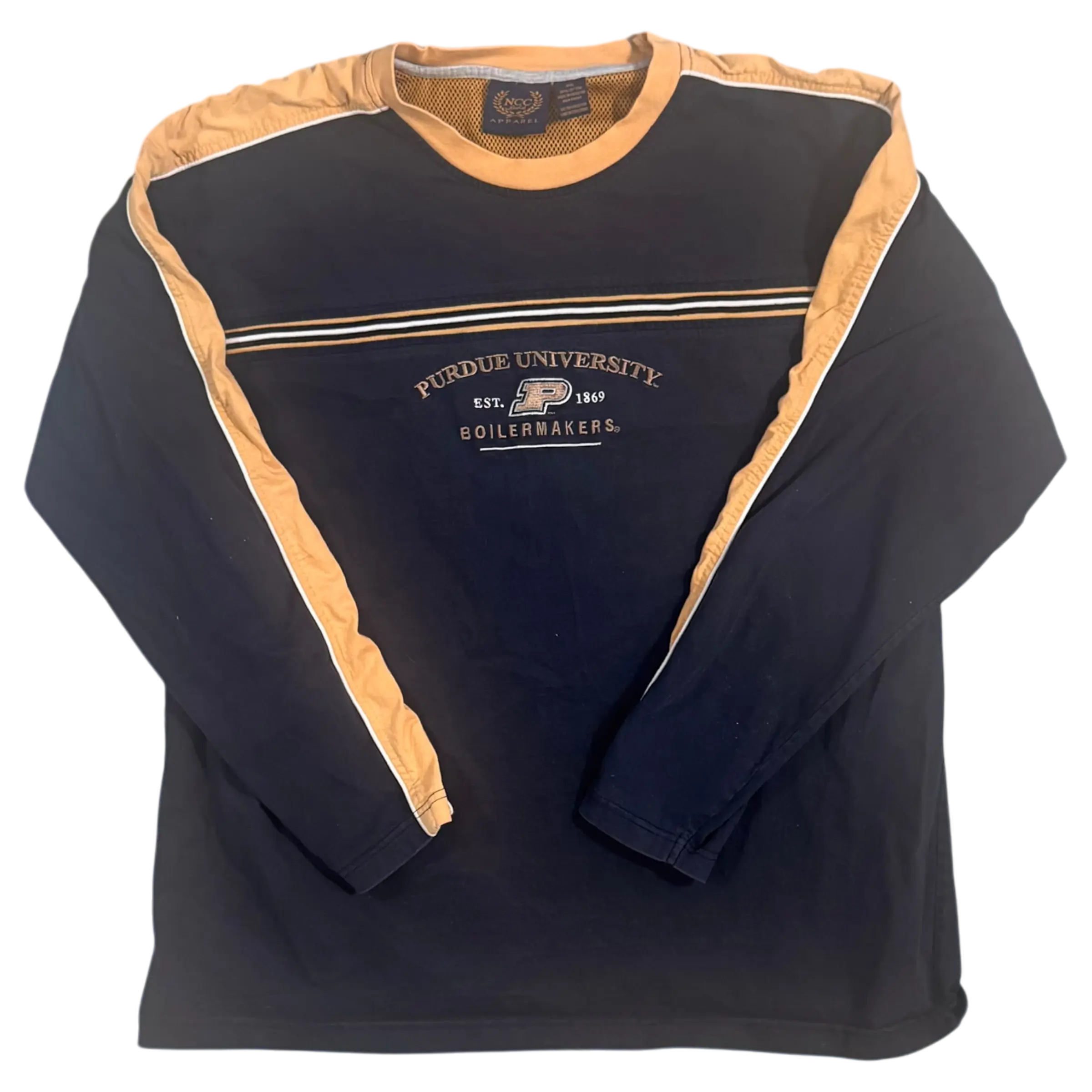 Vintage black Purdue University long sleeve T-shirt with embroidered Boilermakers logo in gold, perfect for alumni and fans.