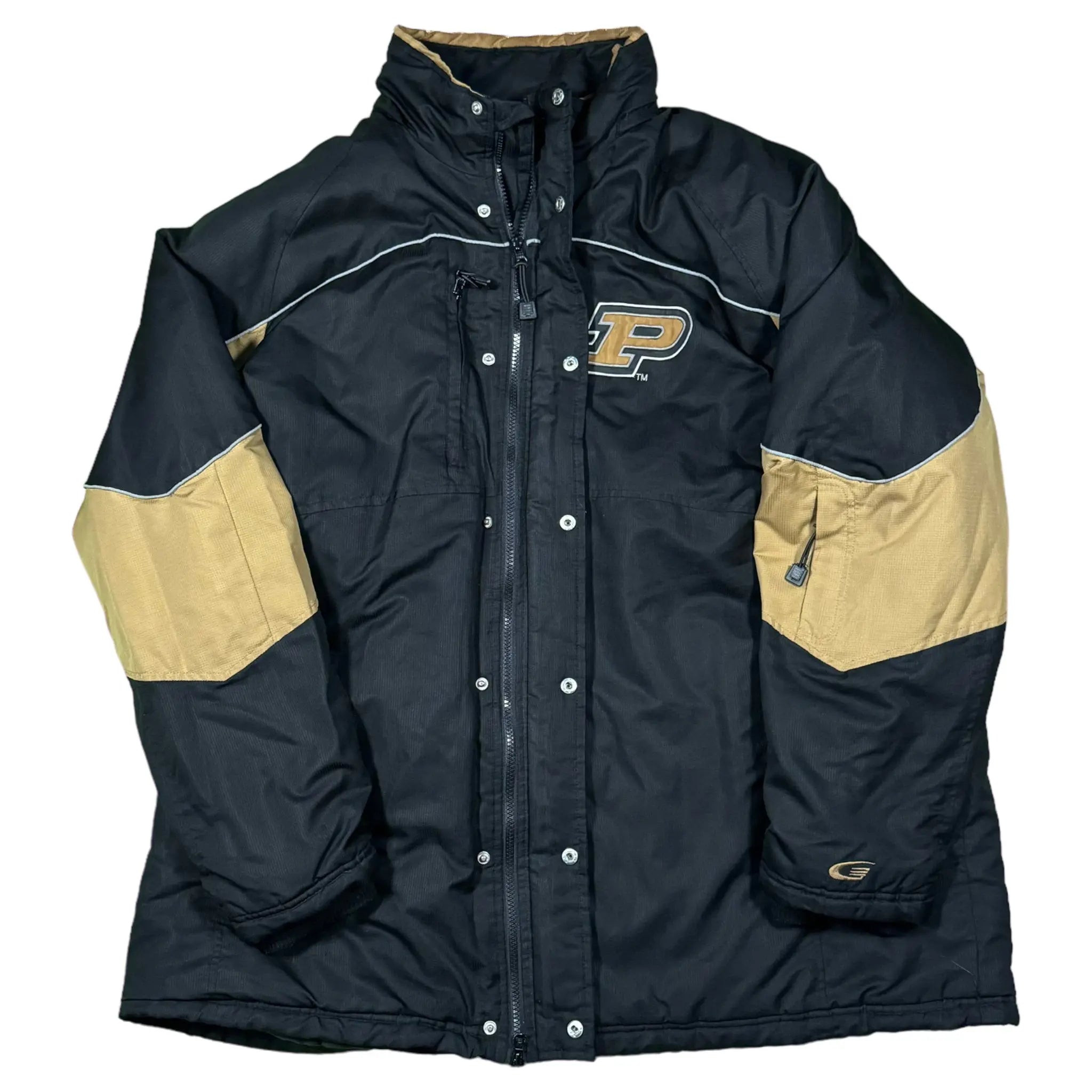 Black vintage Purdue Train Back Coat with embroidered design on the back. Features durable material and warm lining, suitable for casual wear or sports events.