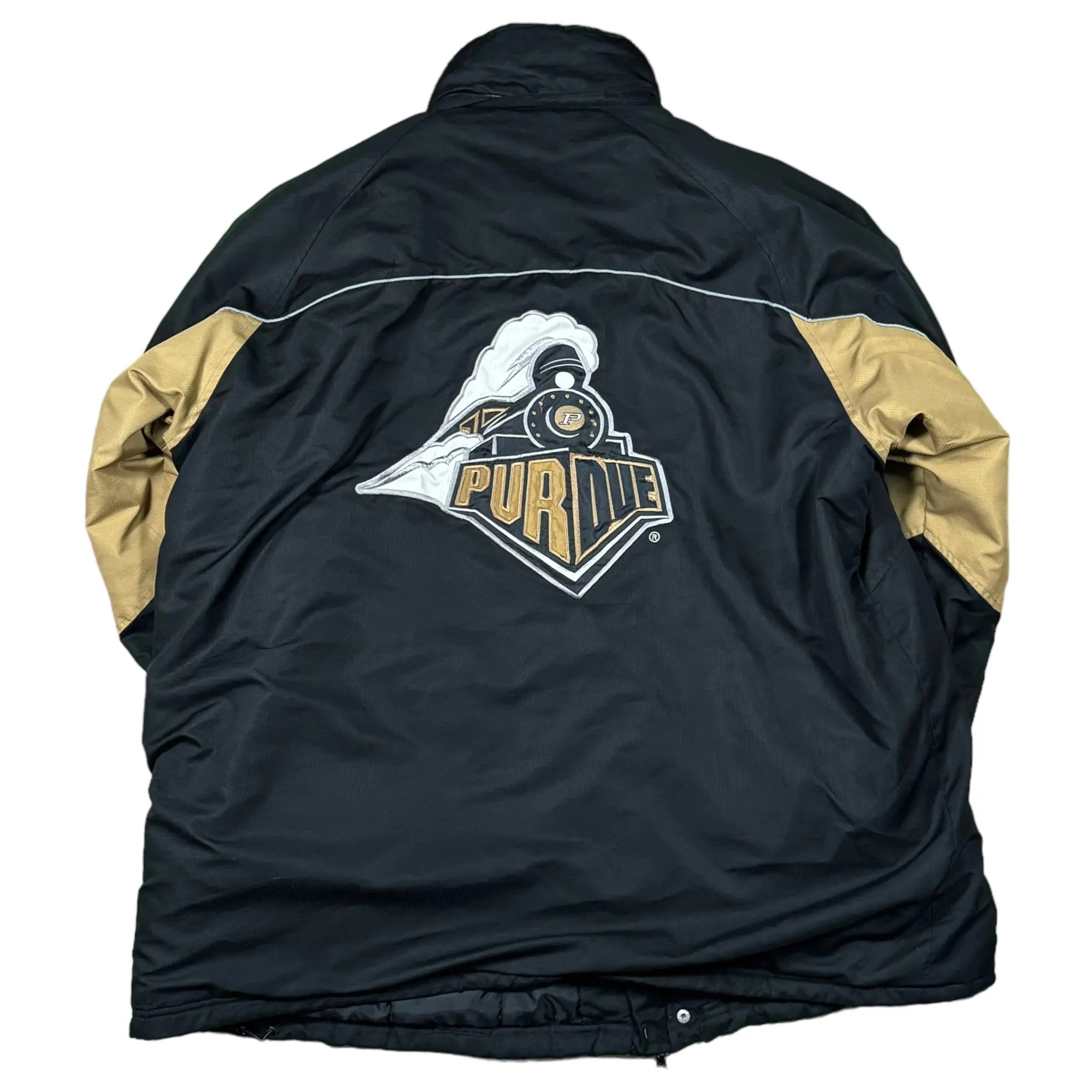 Black vintage Purdue Train Back Coat with embroidered design on the back. Features durable material and warm lining, suitable for casual wear or sports events.