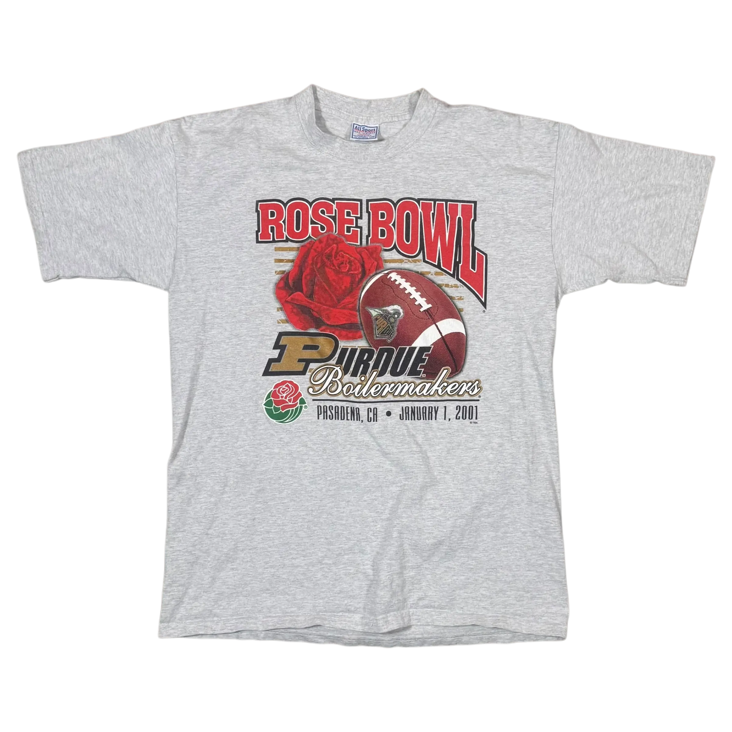 Gray vintage Purdue Rose Bowl graphic t-shirt featuring 2001 football imagery and bold Purdue Boilermaker logo.