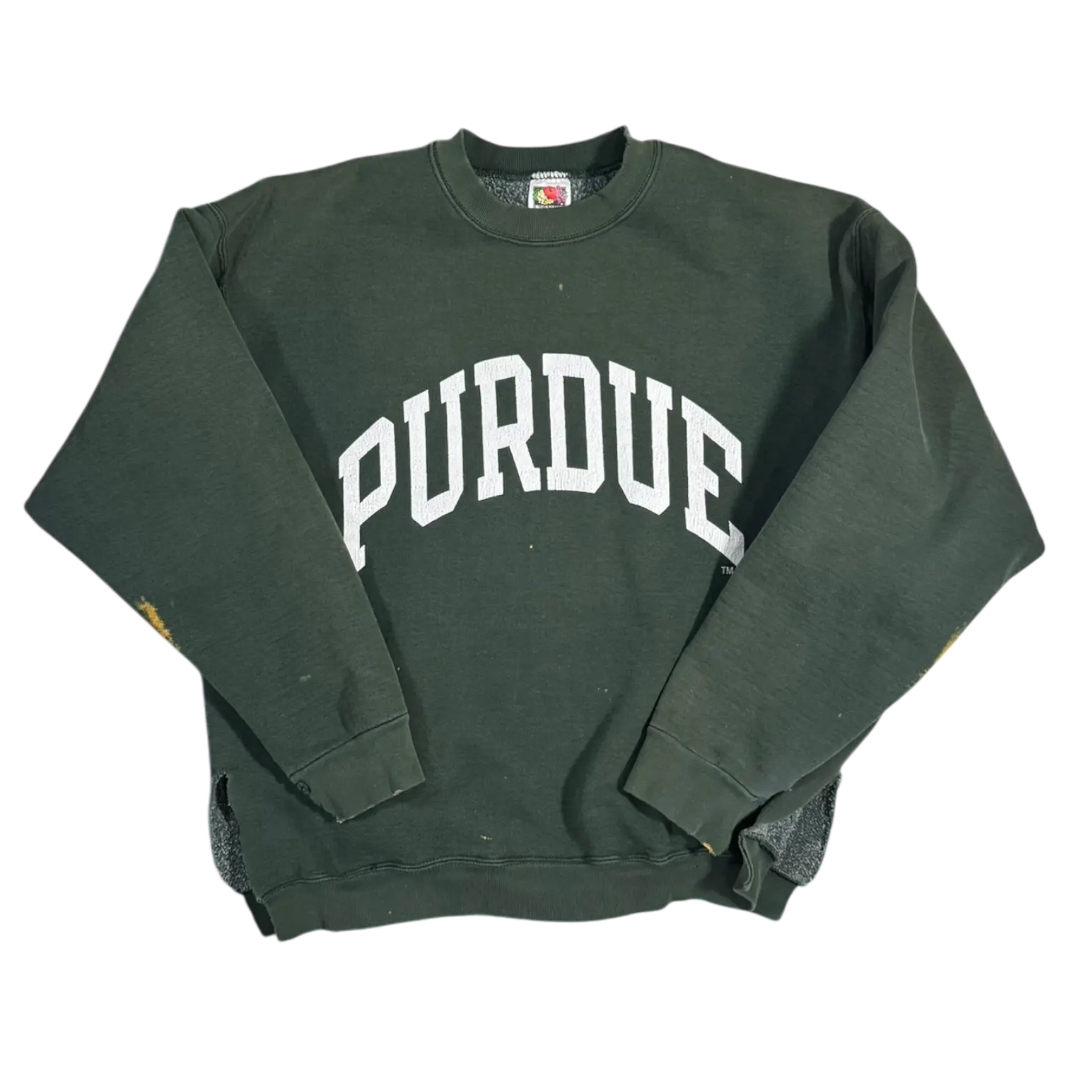 Distressed Purdue crewneck in green with bold Purdue lettering, ideal for showcasing vintage style and school spirit.