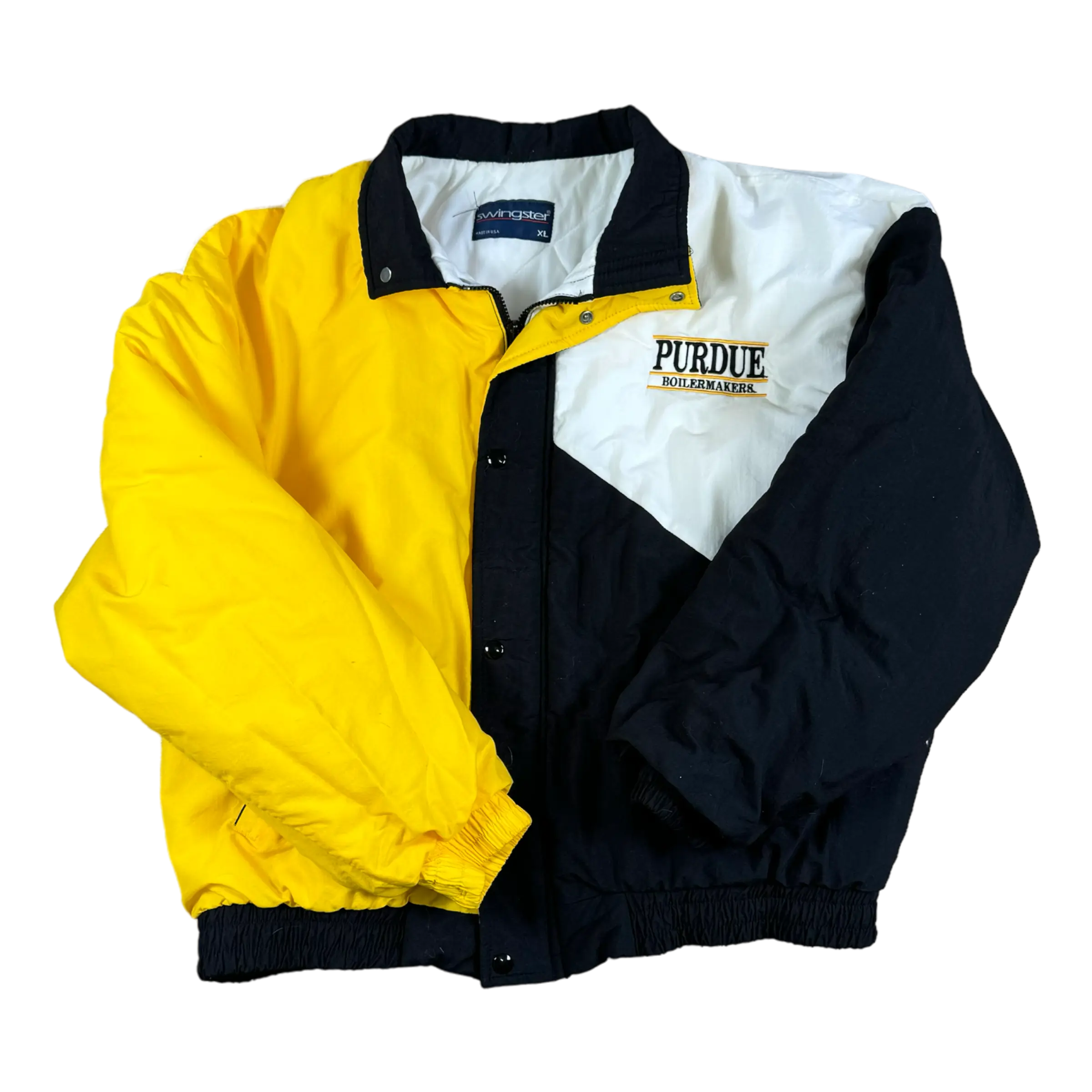 Swingster Tri-Color Coat featuring a bold design in black, white, and gold with Purdue logo on the chest. Lightweight and perfect for Purdue fans.