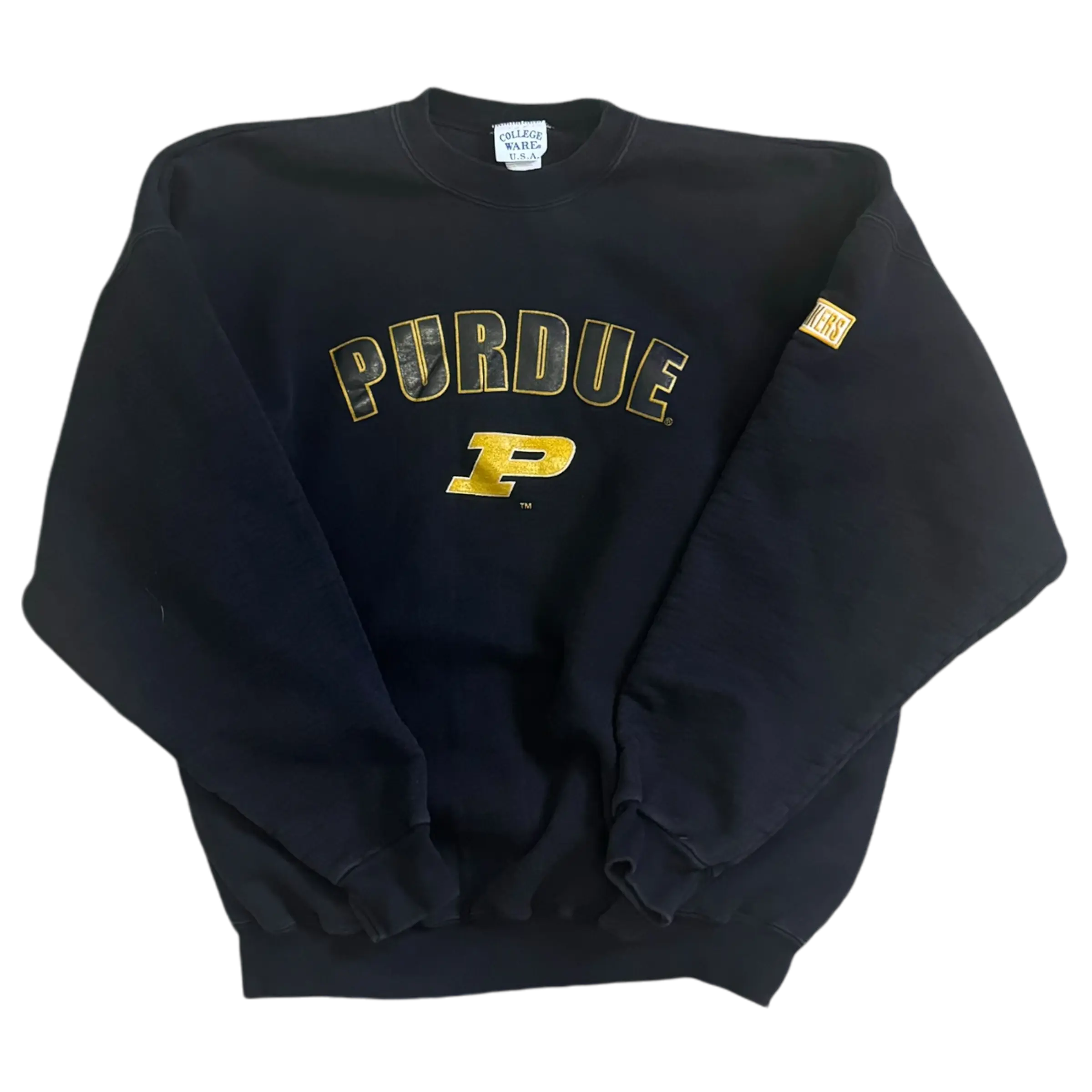 Black Purdue crewneck sweatshirt with embroidered Purdue text on the chest and a detailed sleeve patch showcasing Boilermaker pride.