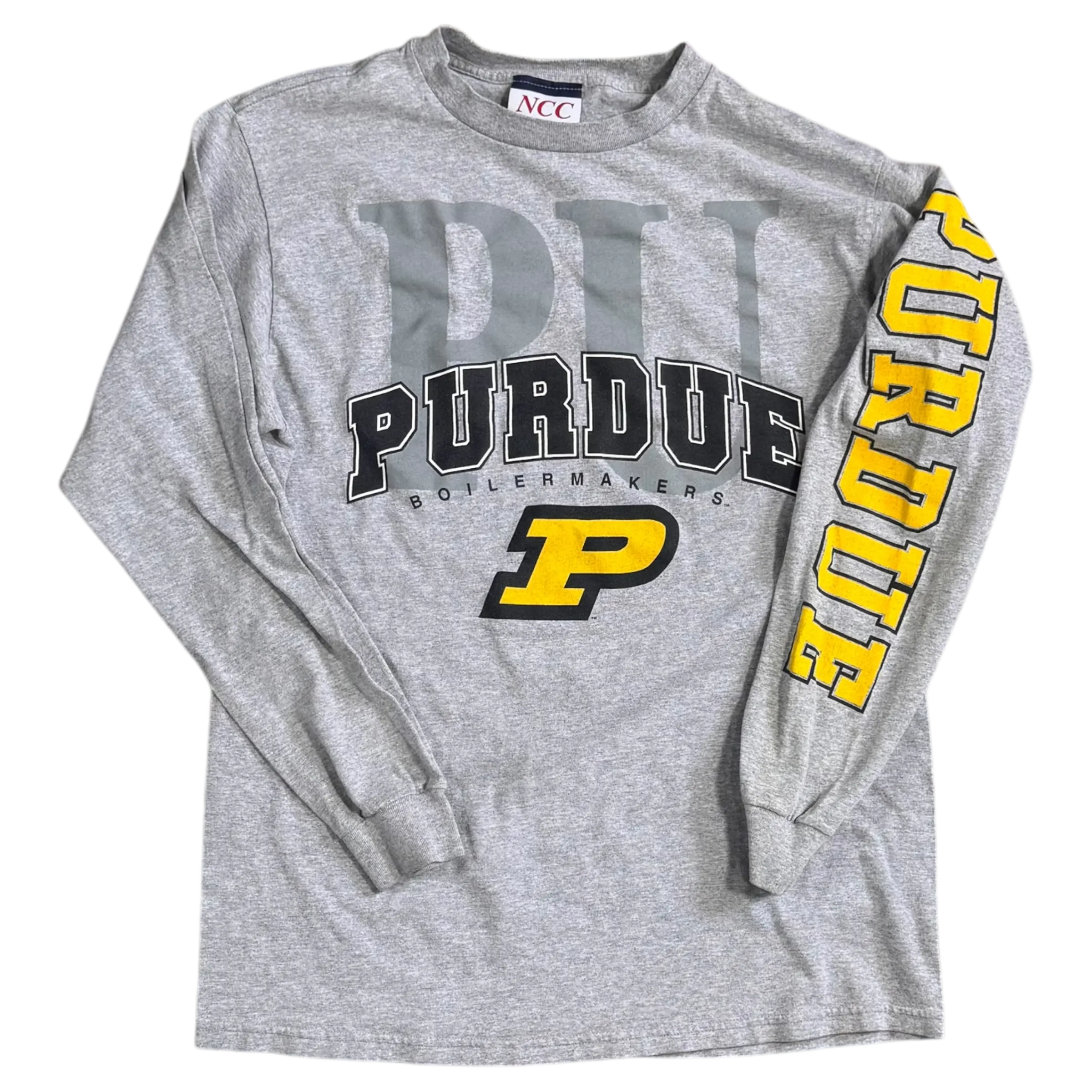 Grey vintage Purdue University long-sleeve shirt featuring bold ‘PURDUE’ text and yellow sleeve lettering with the iconic Purdue ‘P’ logo. A classic piece for Boilermakers fans.