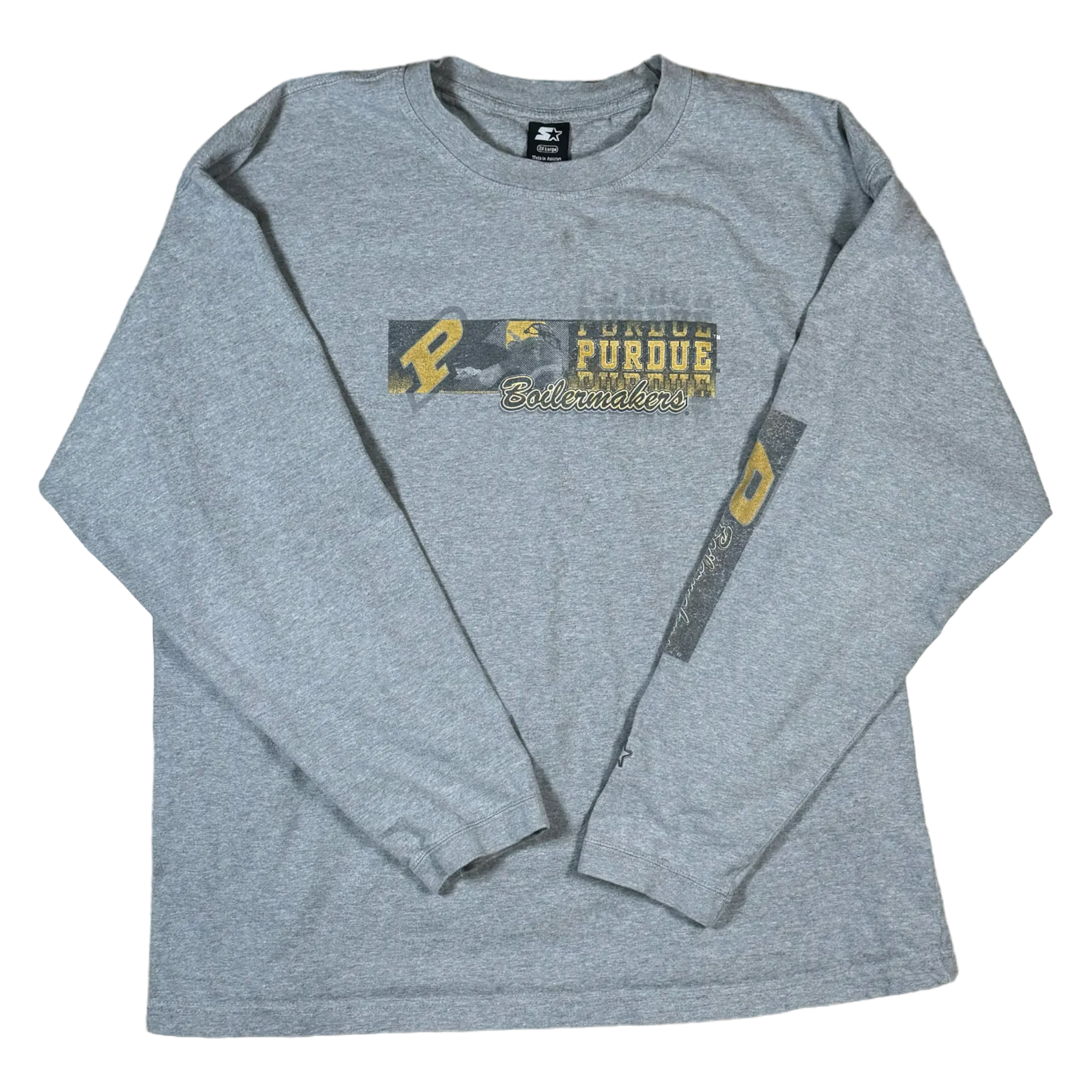 Gray Purdue Starter long-sleeve shirt featuring the Purdue logo and durable fabric, ideal for layering and showcasing school spirit.