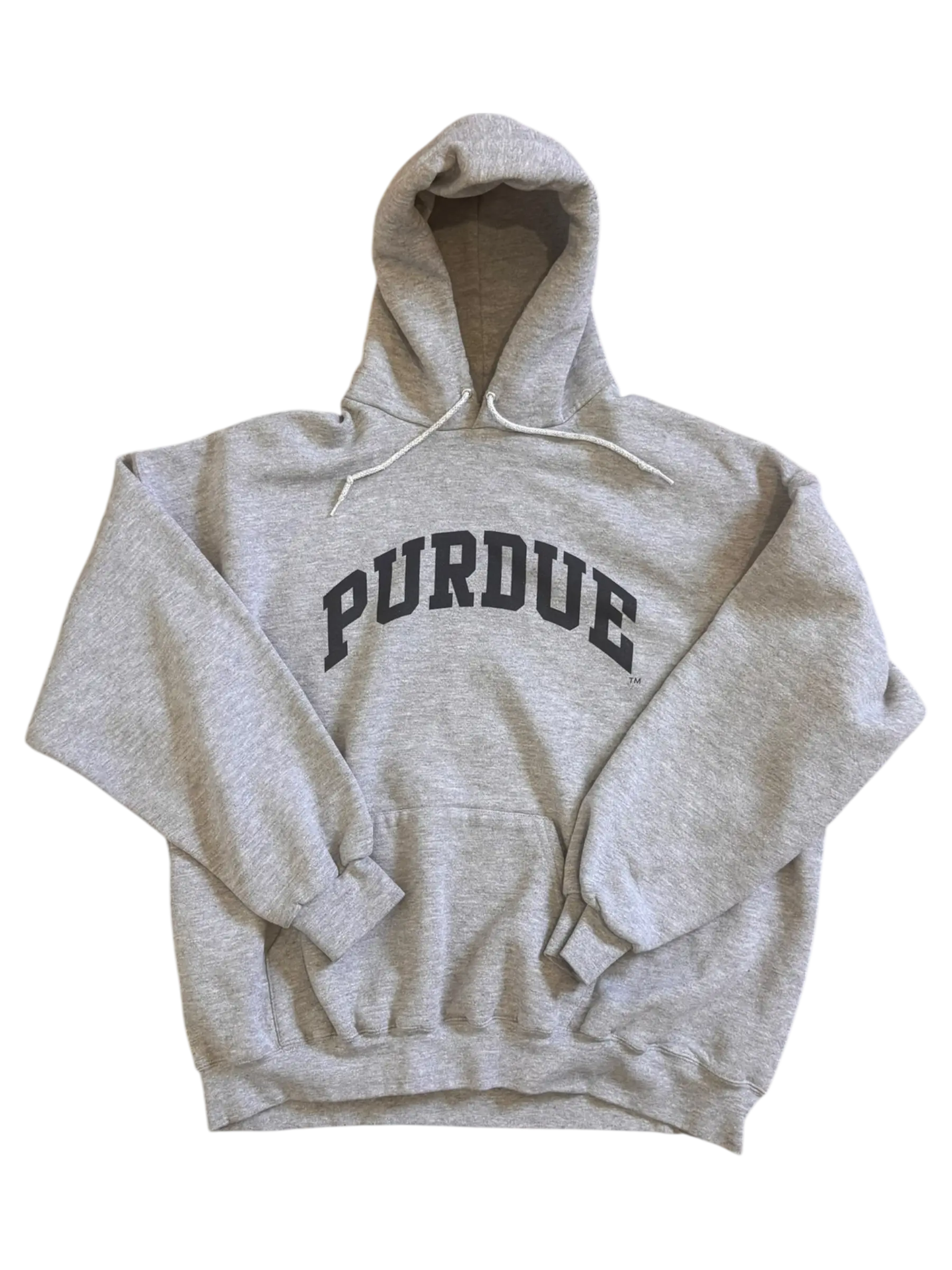 Vintage gray Lee Sport hoodie with bold black Purdue lettering across the chest, size medium.