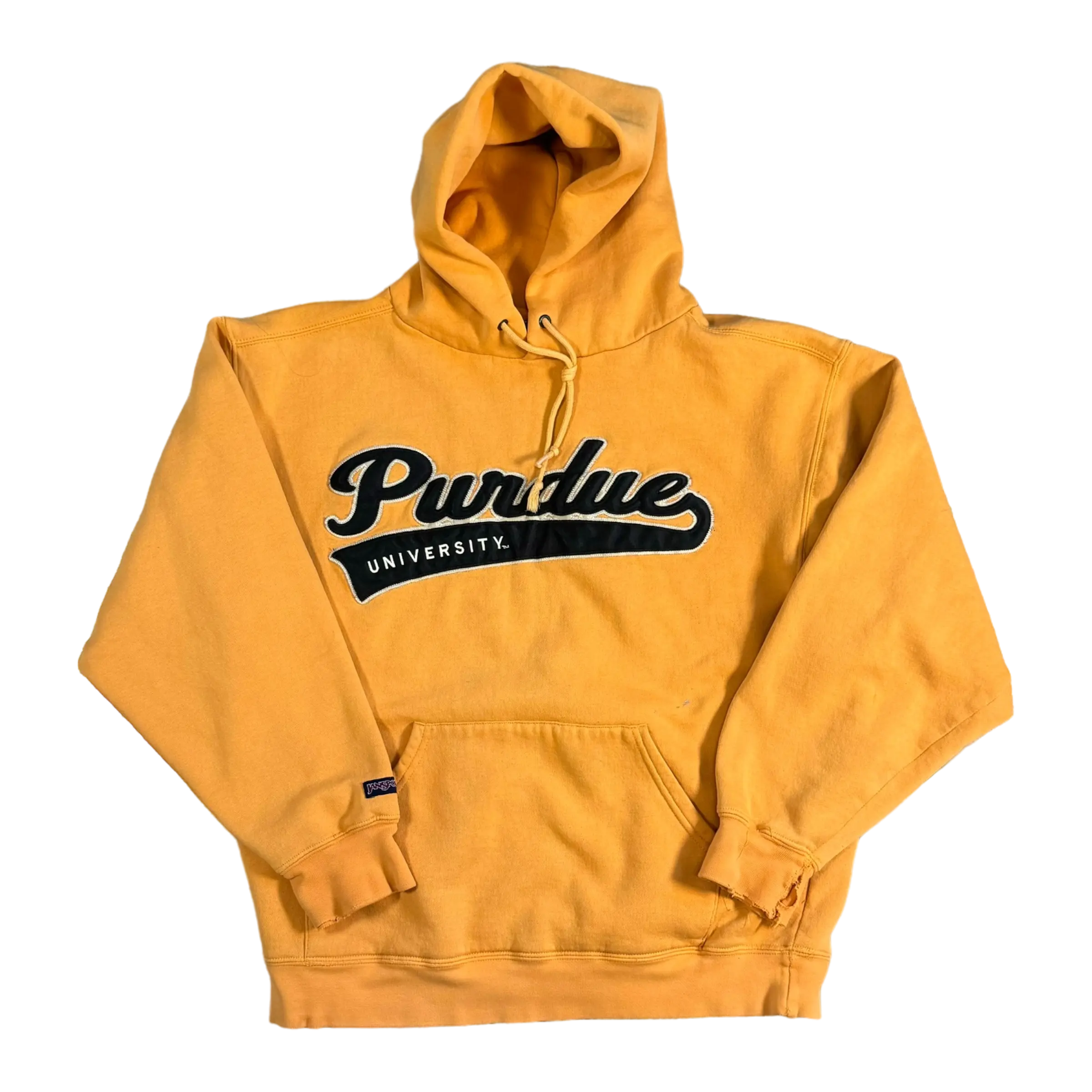 Yellow hooded sweatshirt with a black Purdue script logo on the front, made by Jansport. Perfect for vintage Boilermaker style and campus wear.