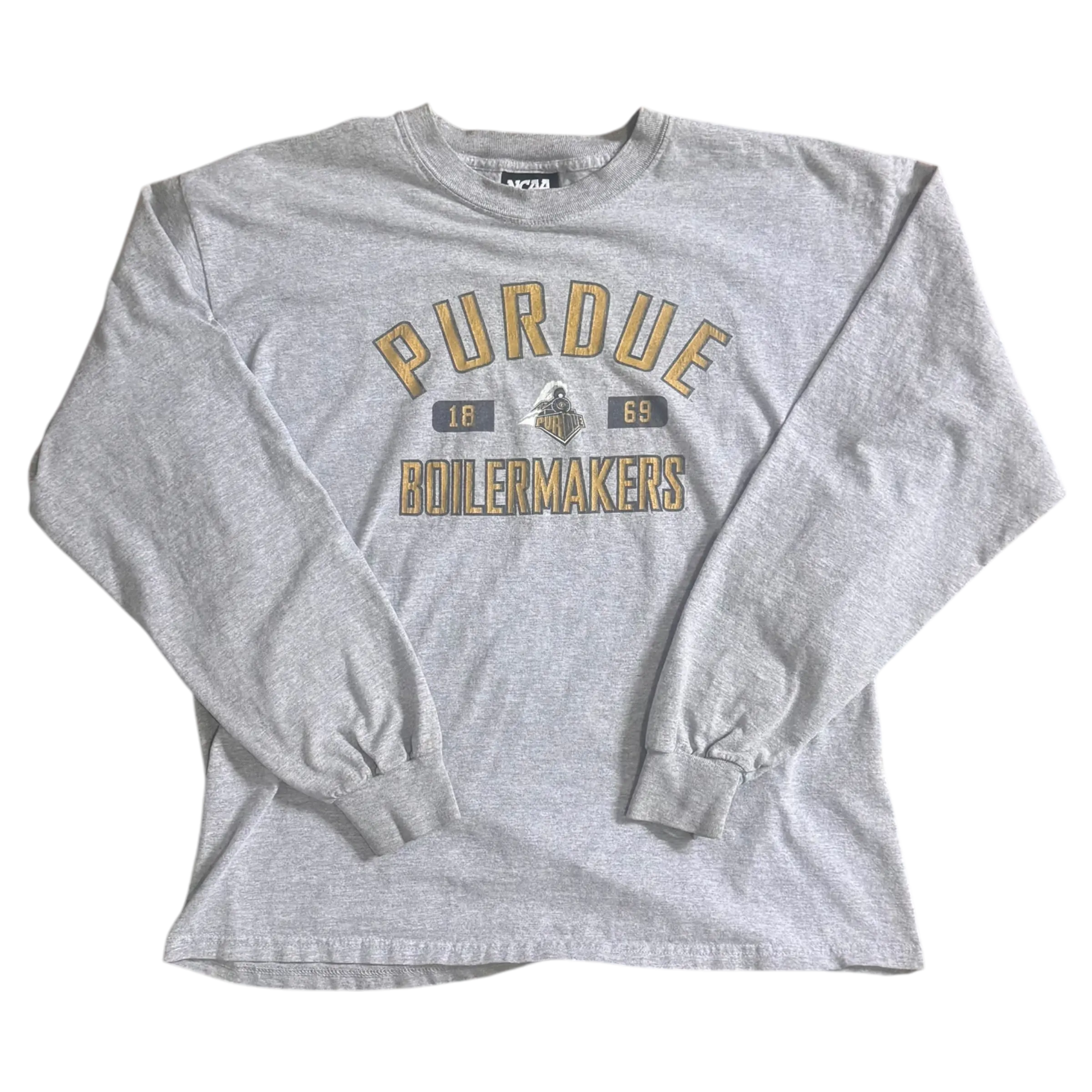 Grey Purdue 1869 long sleeve shirt with black and gold Purdue logo, ideal for fans of all ages.