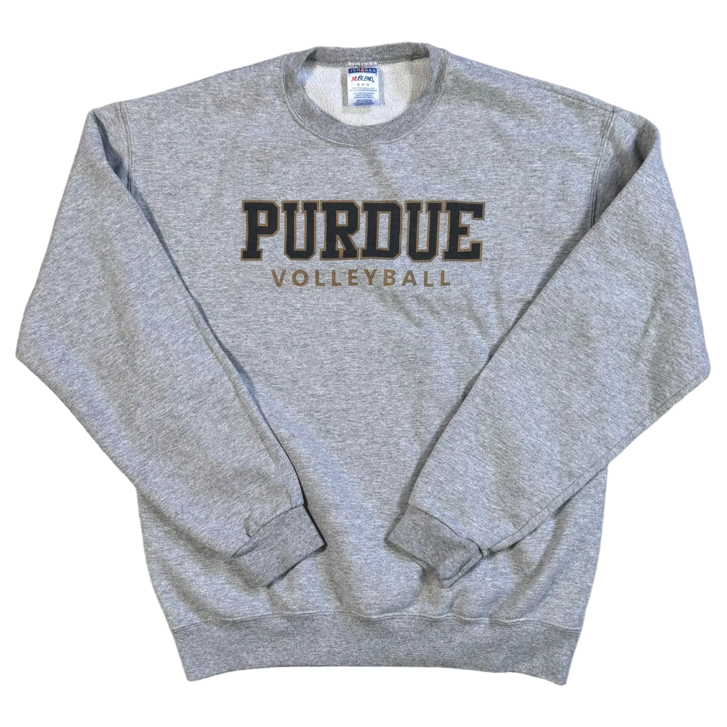 A medium grey Purdue Volleyball crewneck sweatshirt by Jerzees, featuring bold text that celebrates Purdue’s volleyball team. A casual and comfortable wardrobe staple.