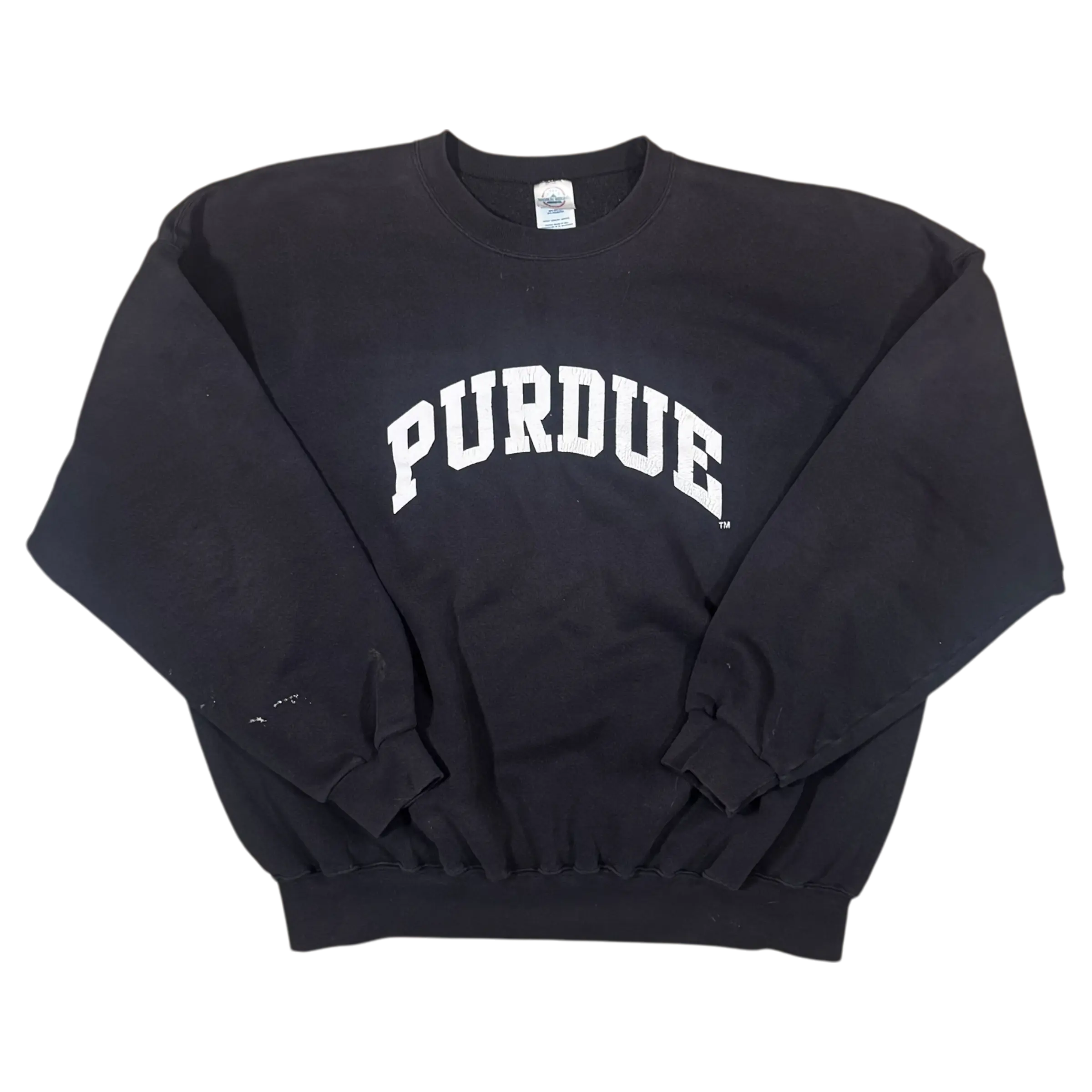 Vintage Purdue arch logo crewneck sweatshirt in black, size L, with bold white Purdue lettering.