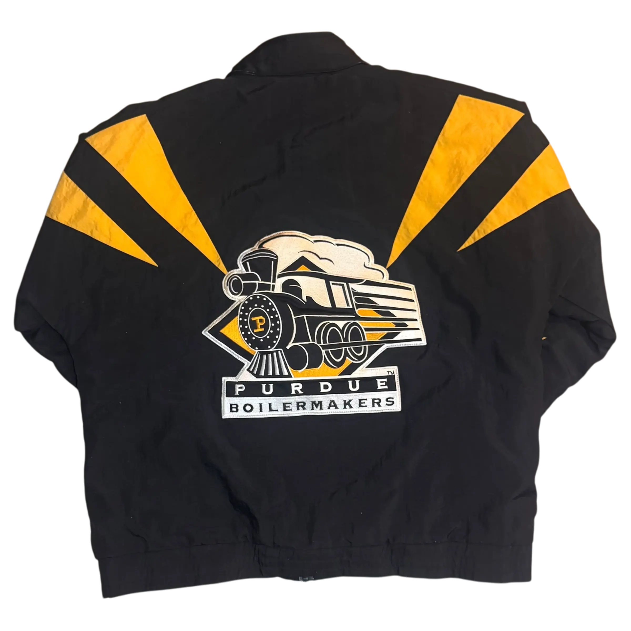 Vintage Apex One Purdue coat with gold accents and large Boilermakers logo on the back, black base color.