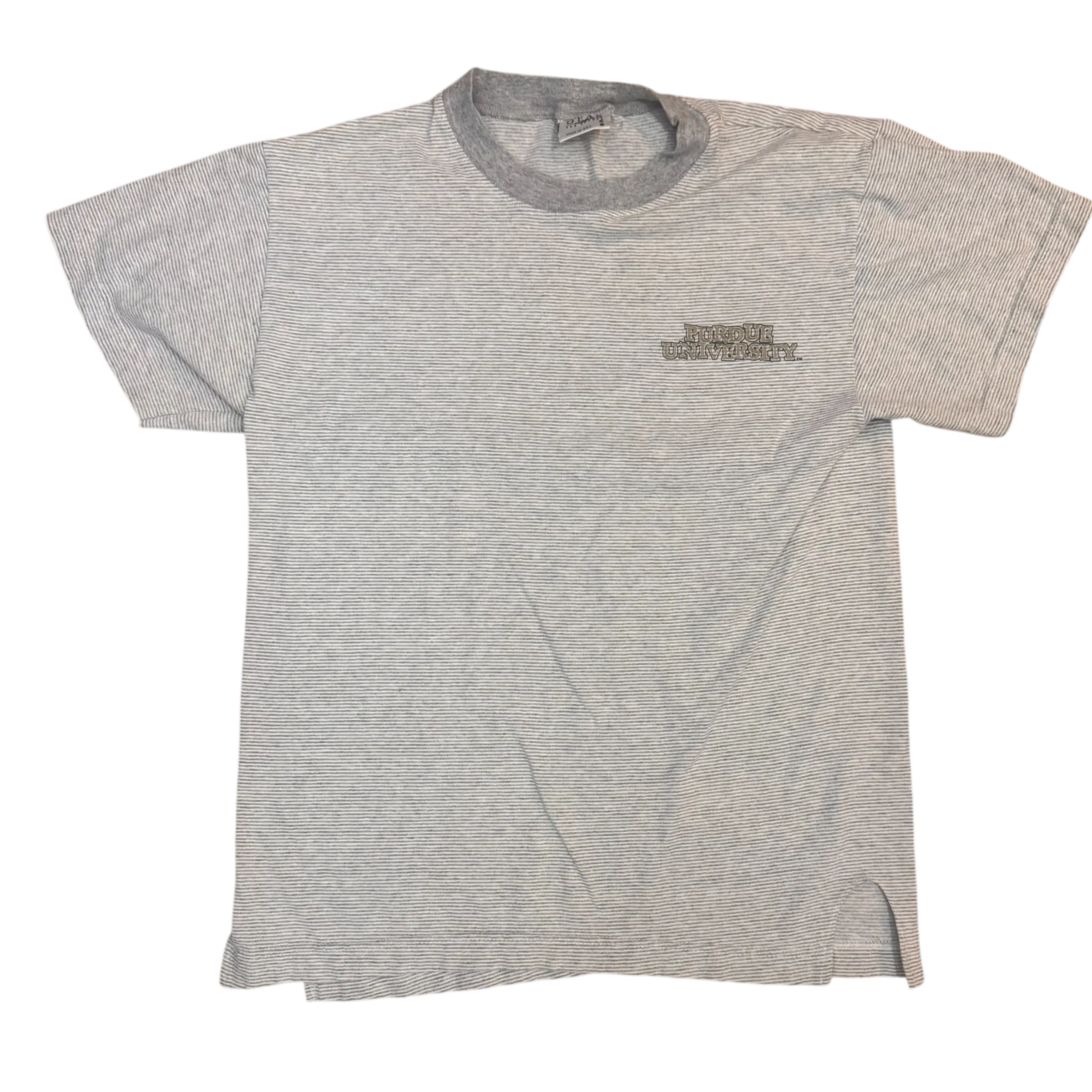 Striped Purdue tee in size small with a white and gray striped pattern, perfect for casual wear.