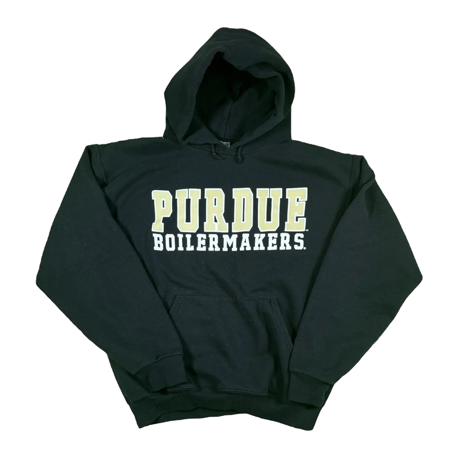 Black Purdue Boilermakers hoodie with bold gold lettering across the chest, size Medium.
