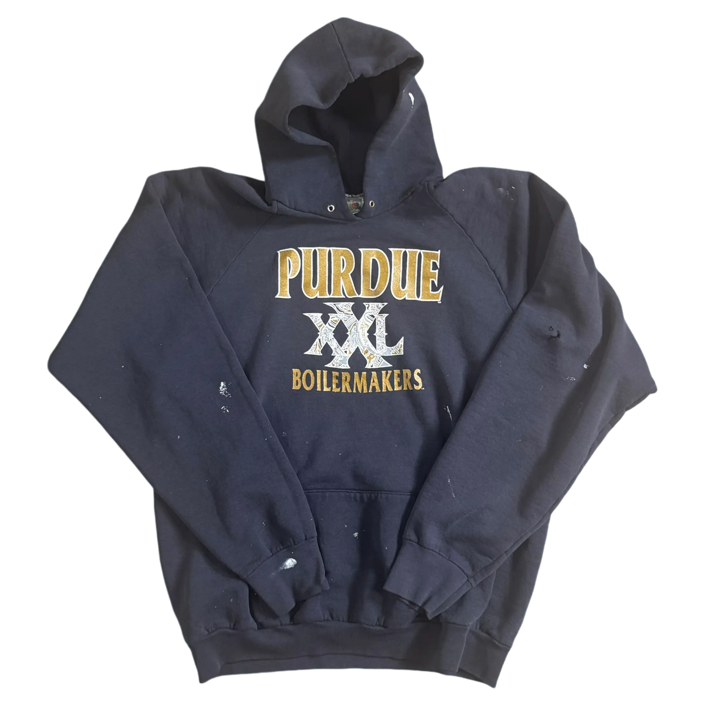 Thrashed Purdue hoodie in grey, size XL, featuring a vintage design with visible wear and tear for a distressed, classic look.