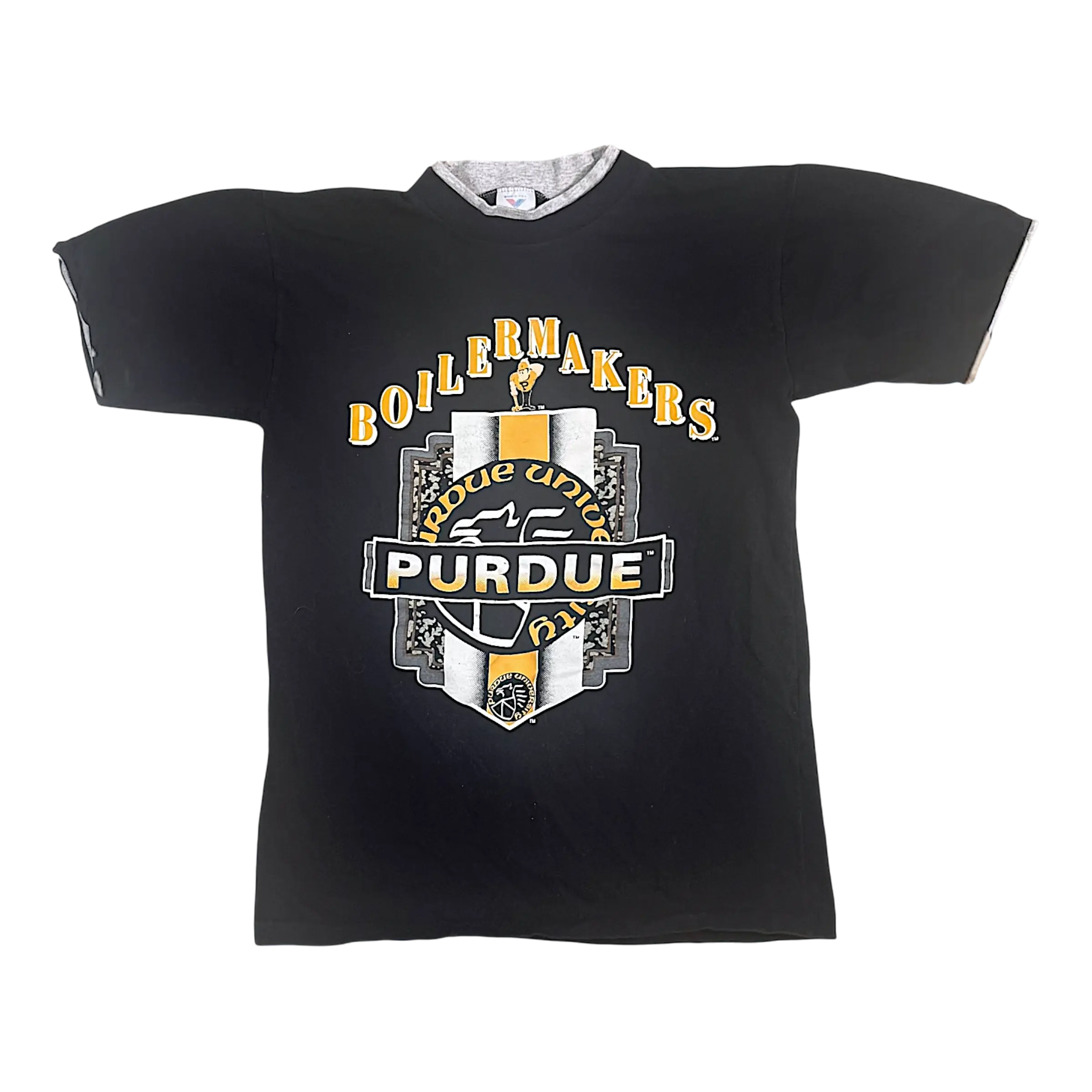 Vintage black Purdue University T-shirt featuring bold Boilermakers graphics and a contrast collar, perfect for alumni and fans.