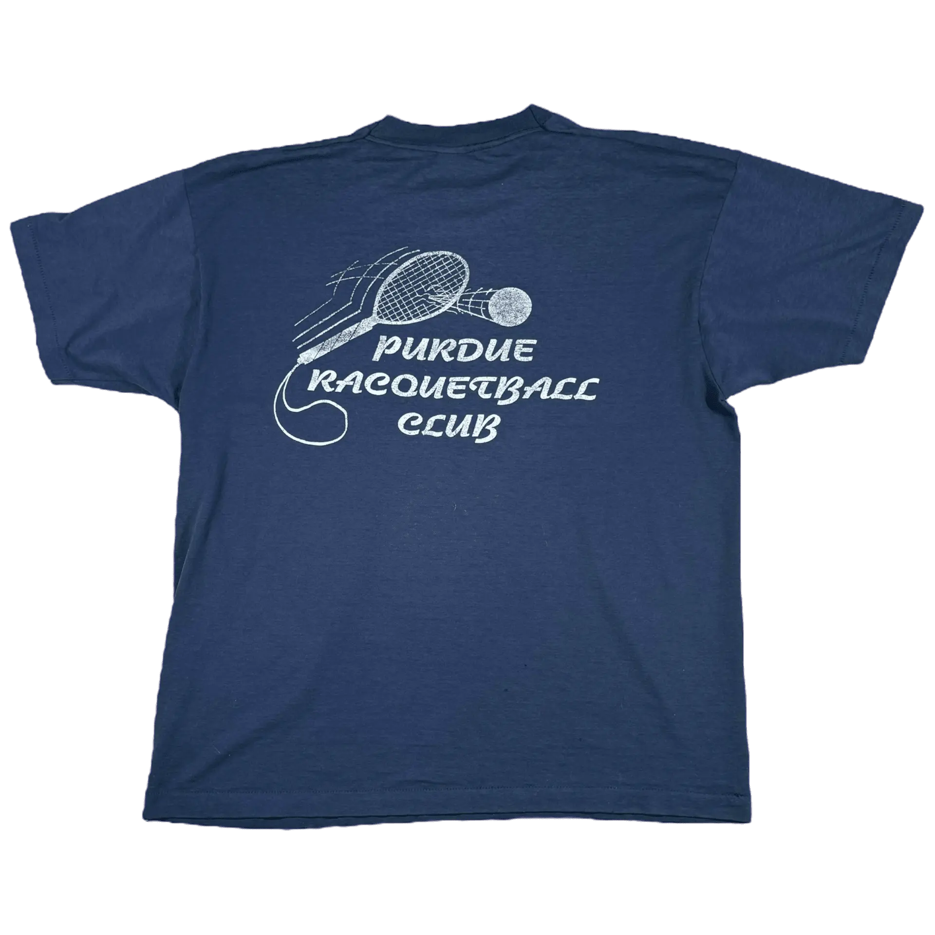 Vintage Purdue Racquetball Club Tee in navy blue, size XL, with front and back graphics featuring the club name and racquetball design. Ideal for Purdue sports fans and alumni.