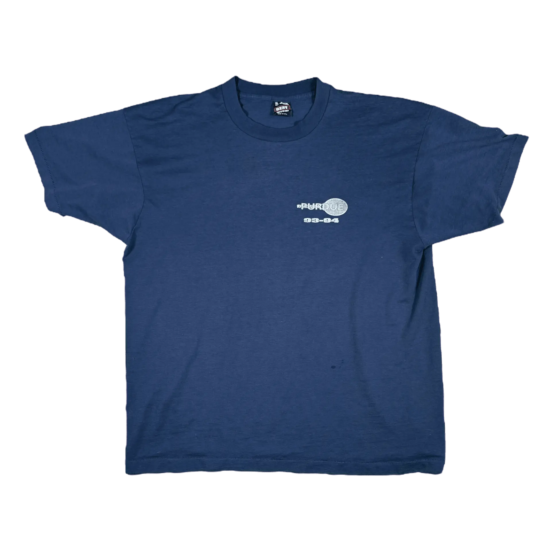 Vintage Purdue Racquetball Club Tee in navy blue, size XL, with front and back graphics featuring the club name and racquetball design. Ideal for Purdue sports fans and alumni.