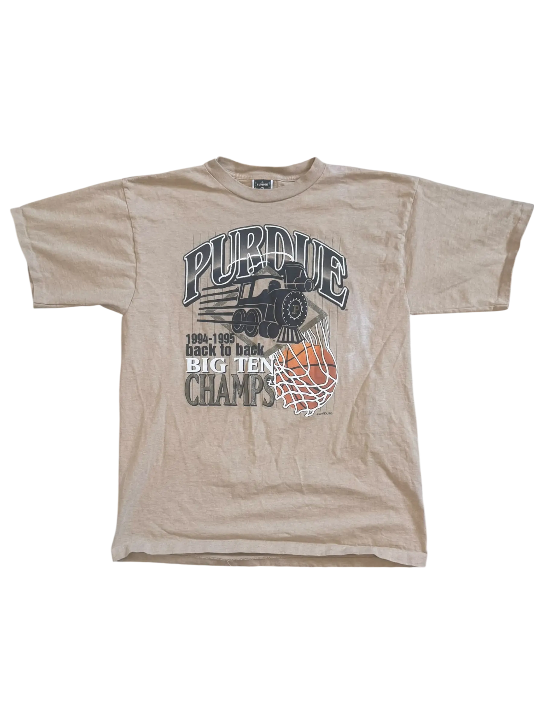 Vintage tan Purdue Boilermakers T-shirt, size XL, Flying Sports Wear brand. Features Purdue train breaking through basketball net with text ‘1994–1995 Back to Back Big Ten Champs.