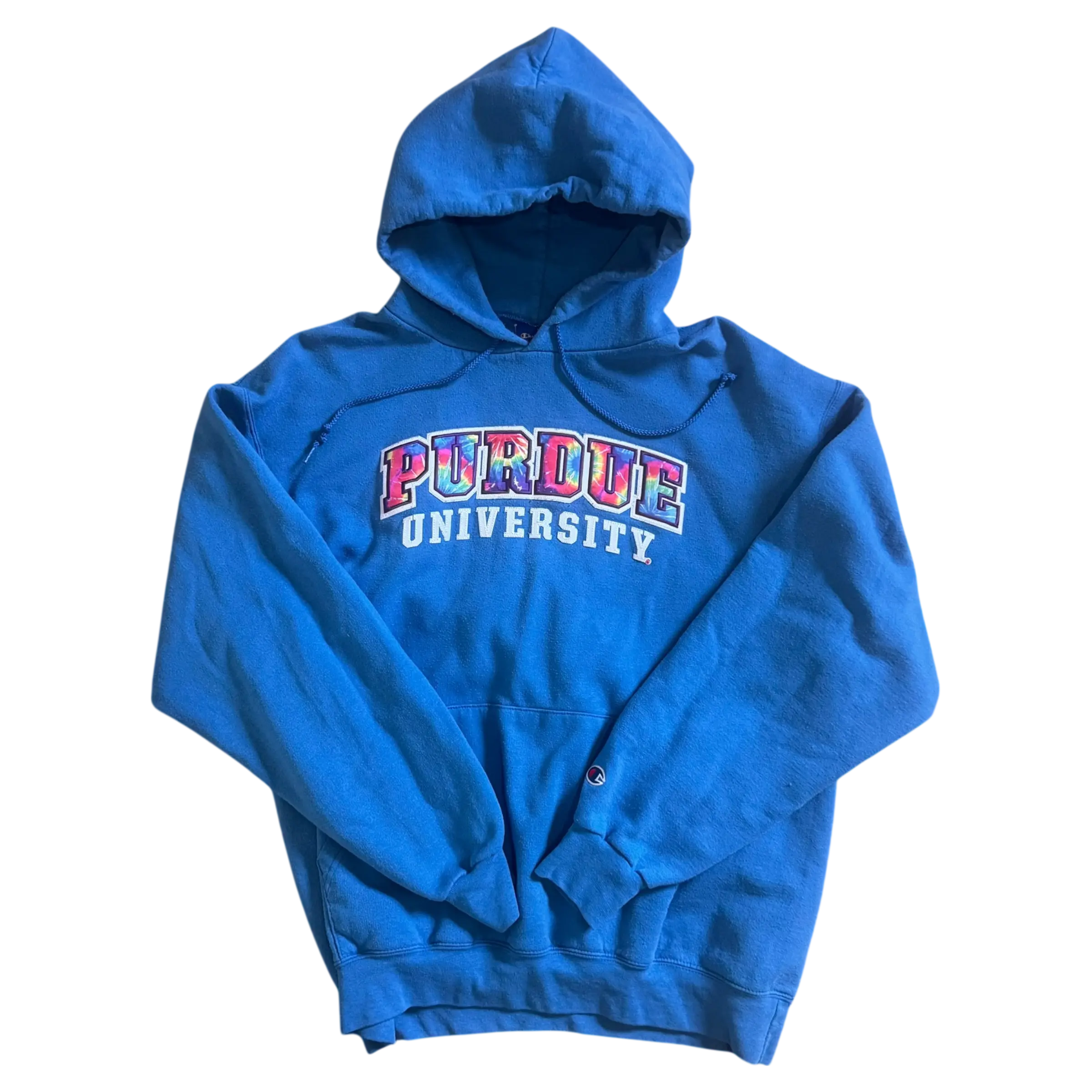 Vintage Champion Purdue University hoodie in bright blue with multicolor appliqué lettering, size large.