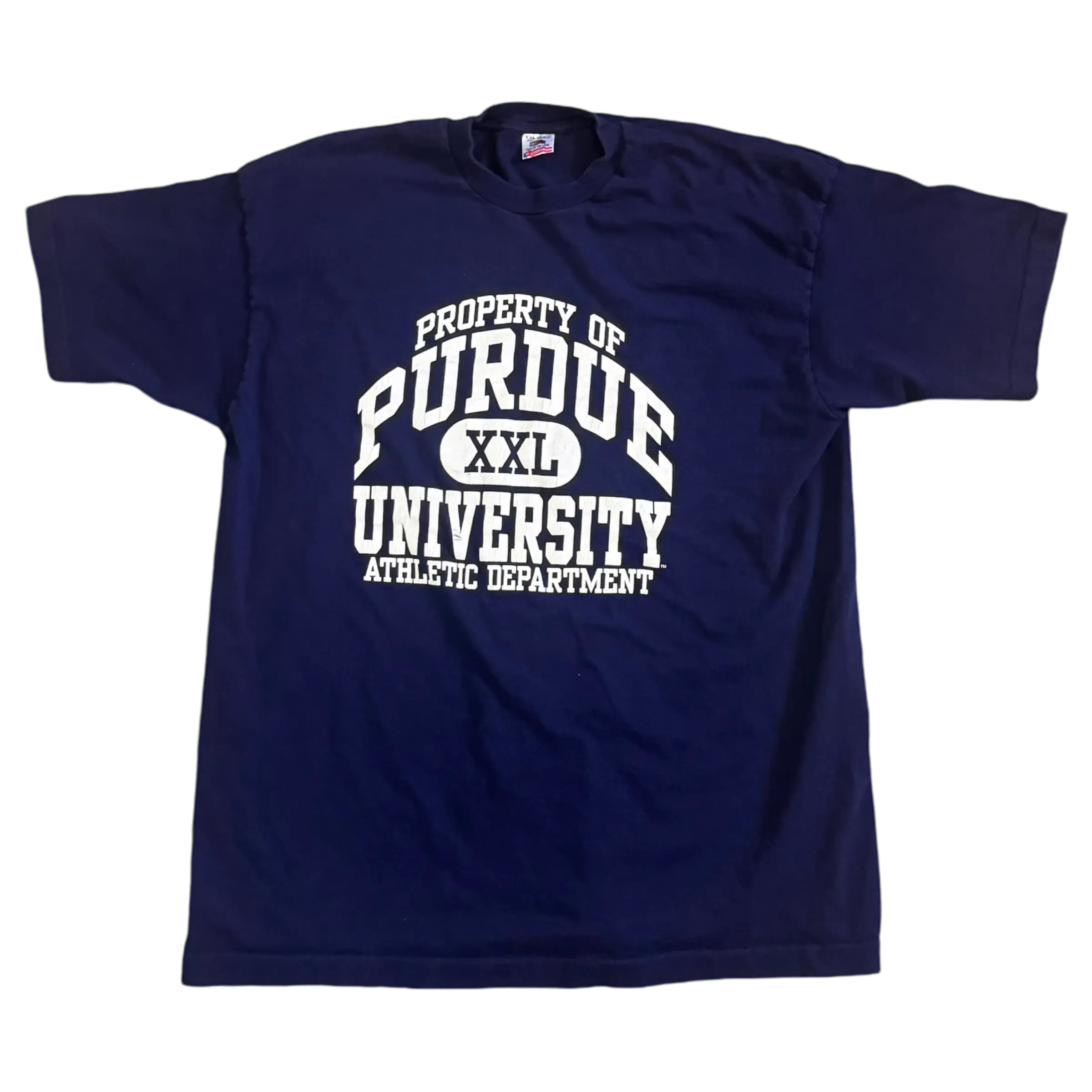 Navy blue XXL Purdue University t-shirt with bold white lettering that reads ‘Property of Purdue University Athletic Department.’ Classic collegiate style by Fruit of the Loom.