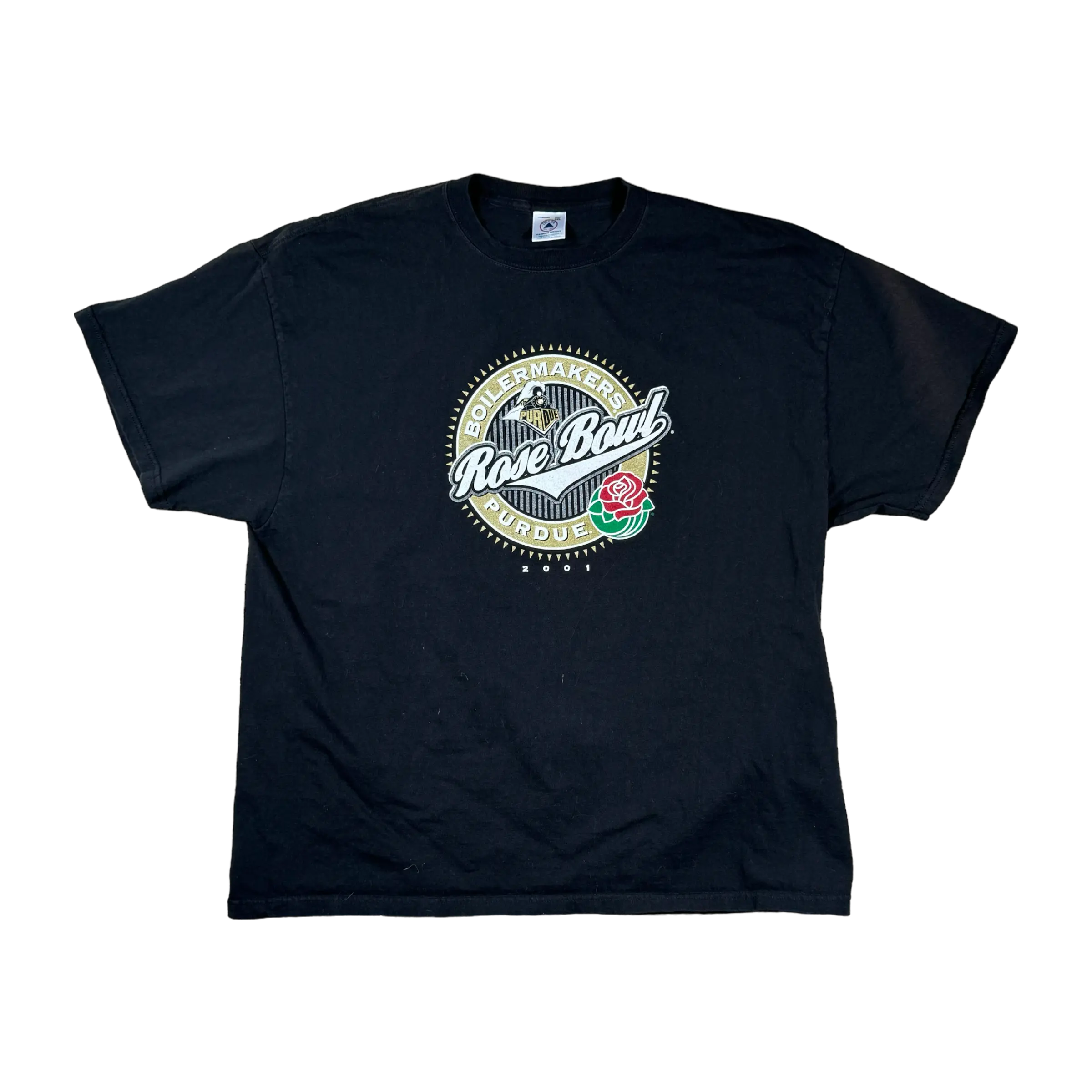 Black Rose Bowl vintage tee featuring a classic football design, perfect for Purdue fans and sports enthusiasts.