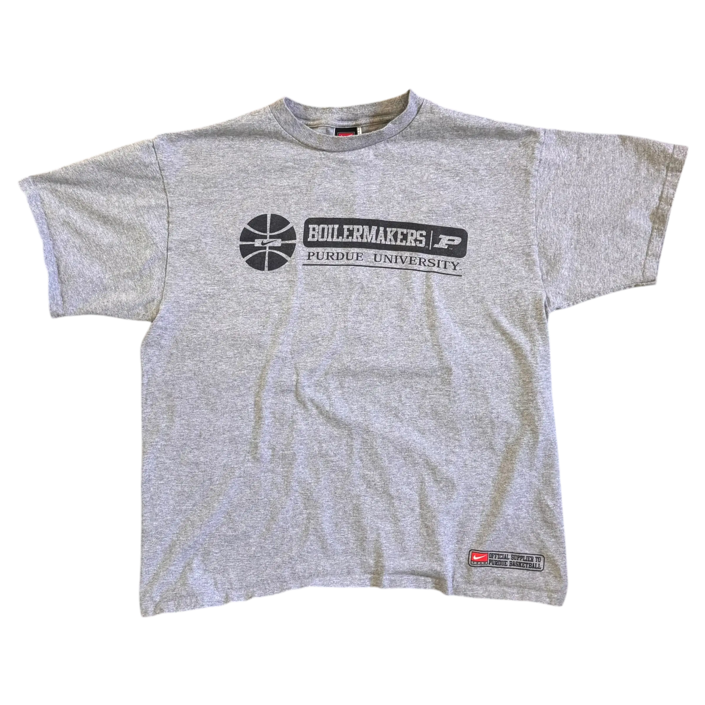 Gray Purdue Nike Basketball T-shirt in size L, featuring vintage Nike design and basketball-themed graphics, perfect for sports fans.