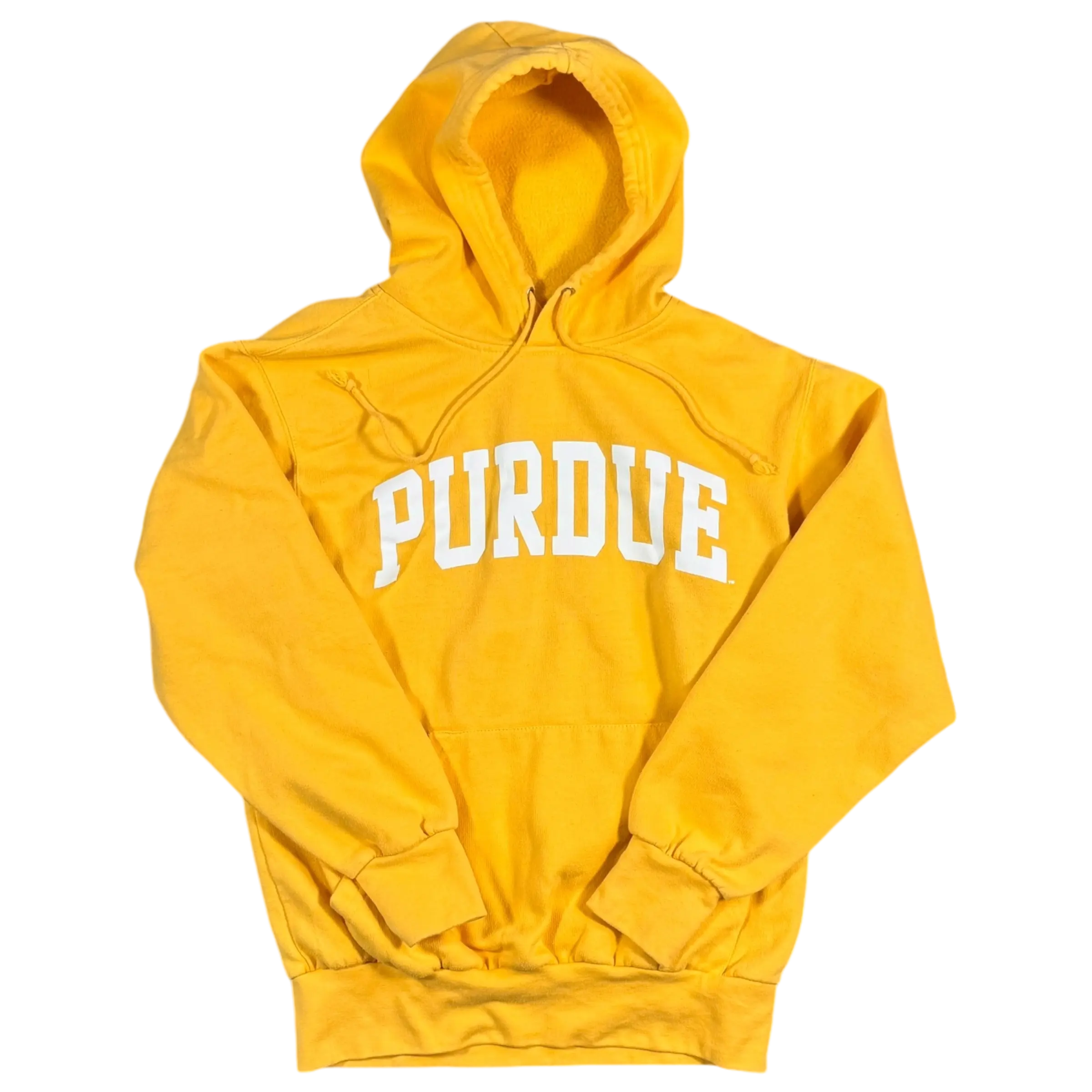 Bright yellow Purdue hoodie with bold white arched logo, medium size vintage sweatshirt perfect for Purdue fans.