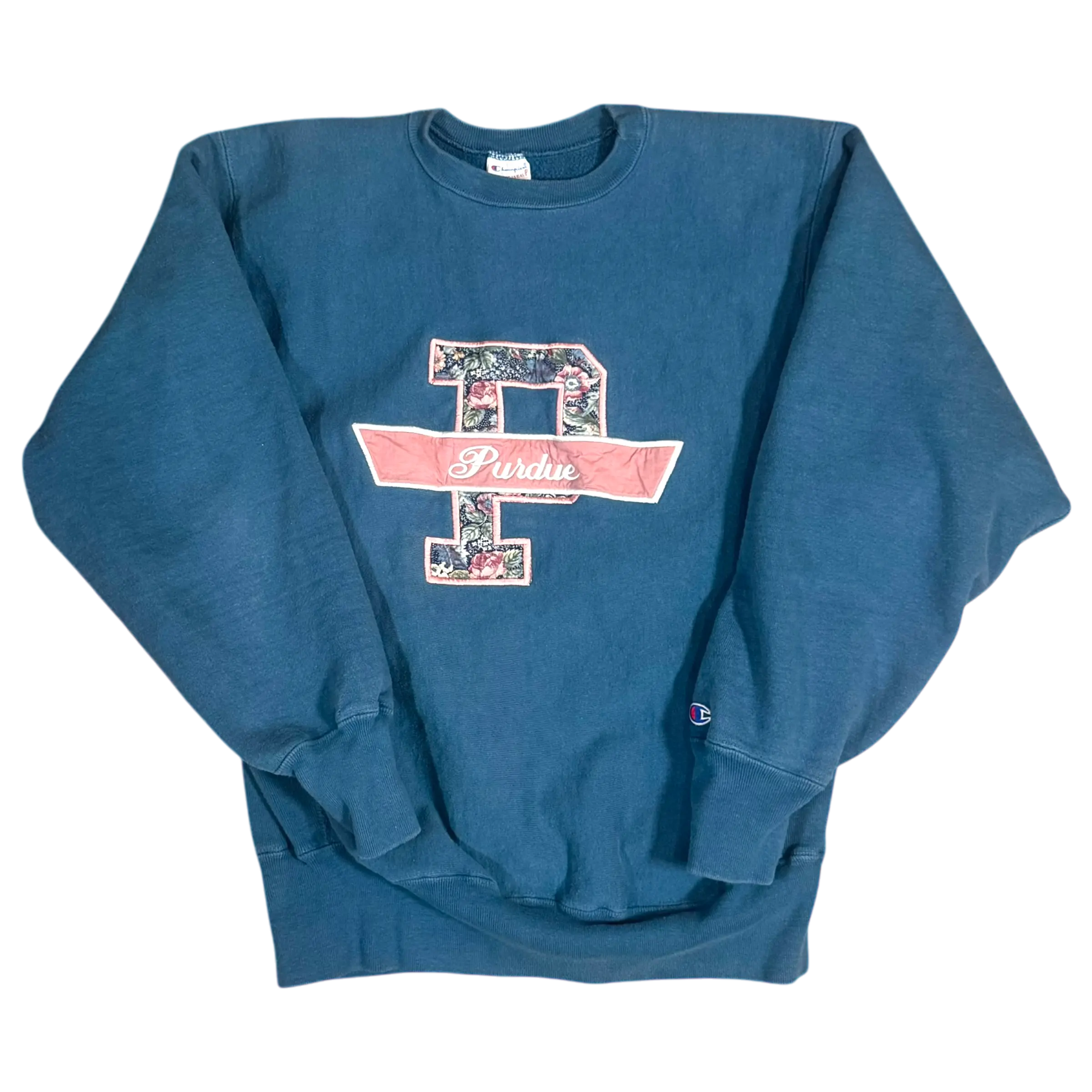 Vintage Purdue reverse weave embroidered sweatshirt in blue featuring the iconic Purdue logo, perfect for Boilermaker fans.