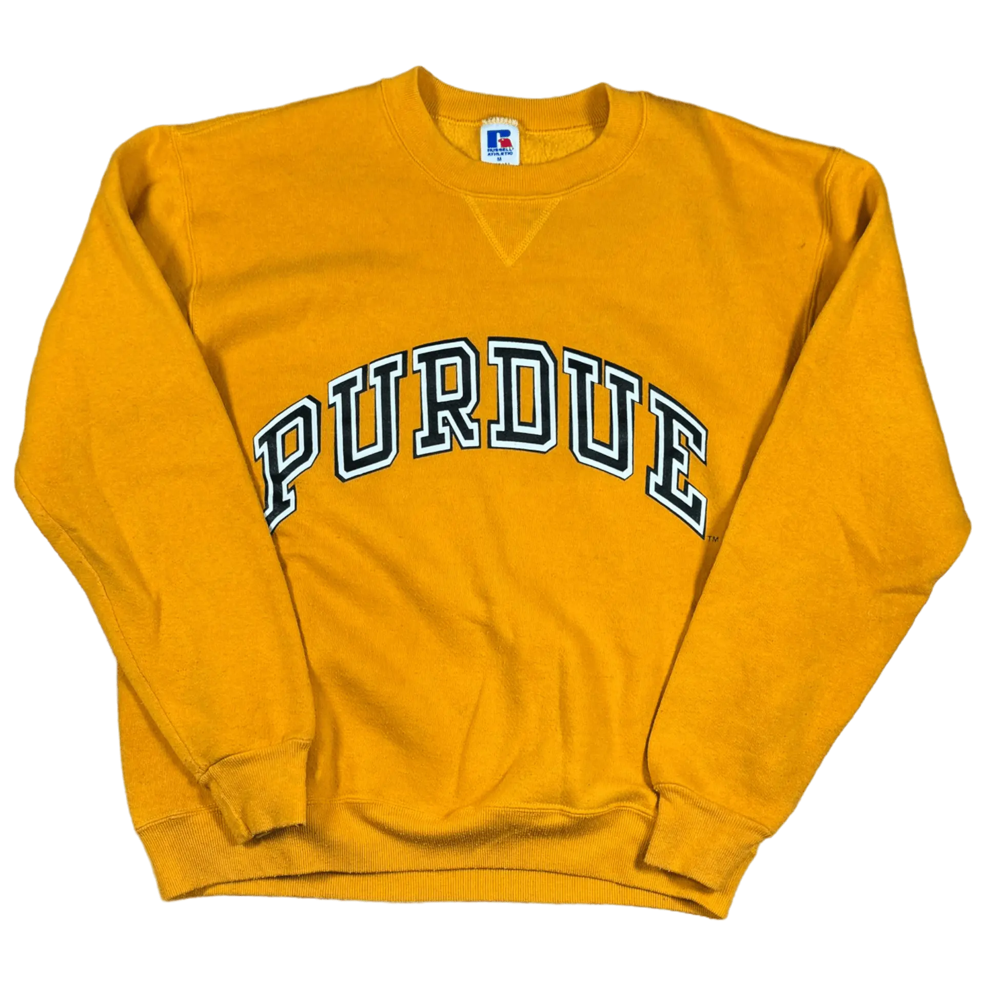 Vintage gold Purdue Crew sweatshirt, size M, featuring bold blue and white Purdue lettering with classic styling.