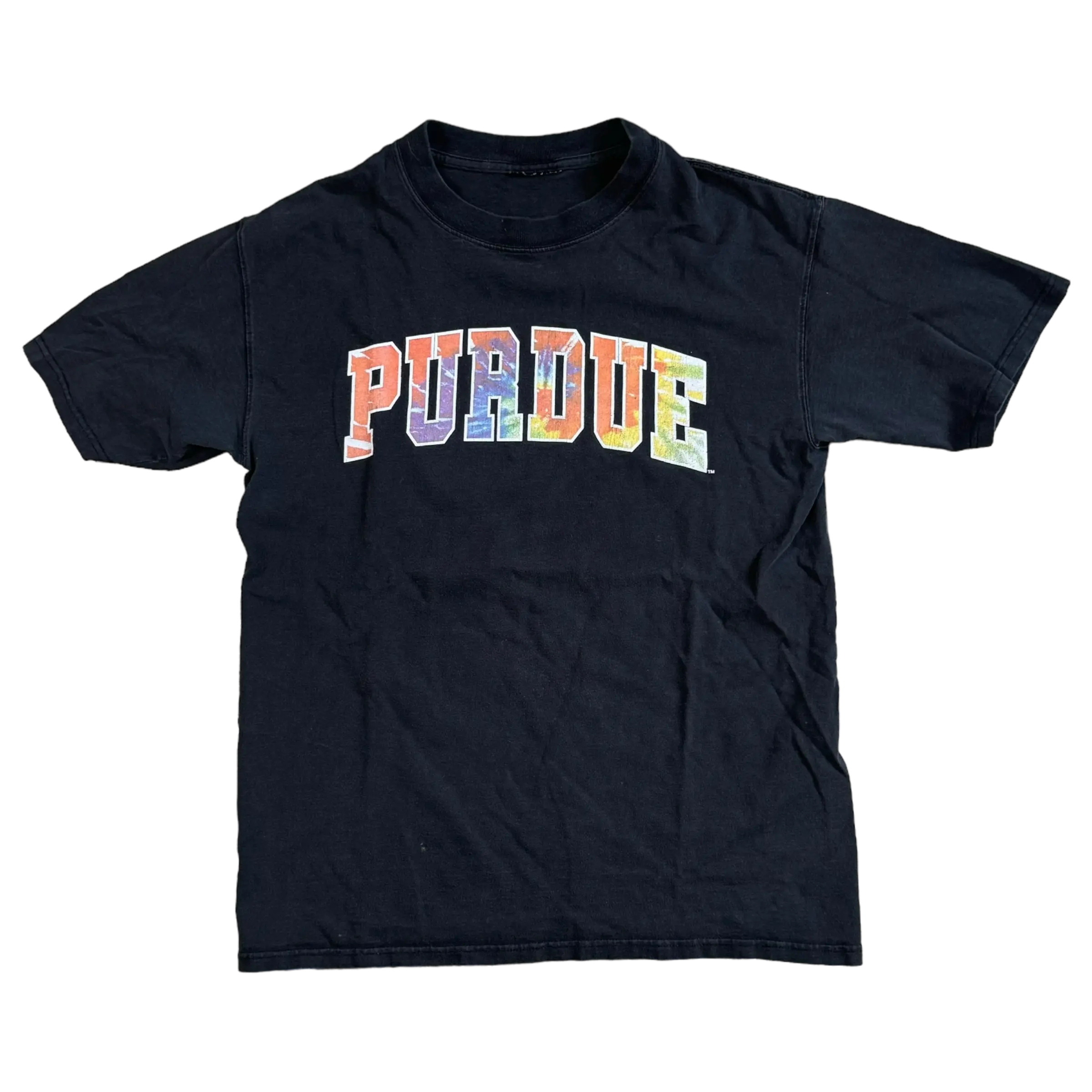 Black Purdue Tie Dye Lettering Tee featuring vibrant, multi-colored tie-dye ‘Purdue’ lettering on the chest.