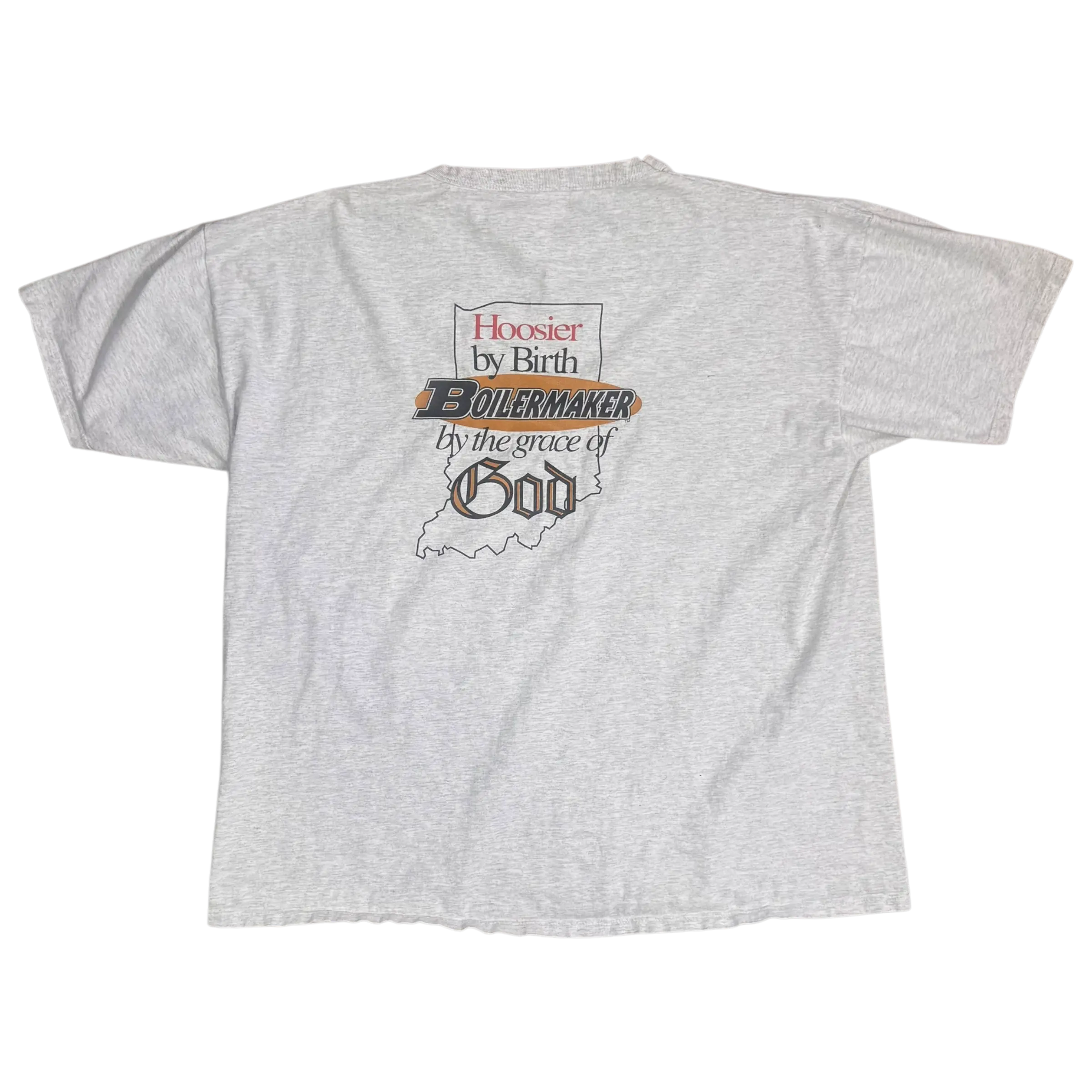 Heather gray Boilermaker by the Grace of God T-shirt, size XL, featuring bold front and back graphics for Purdue fans who embrace their faith and school spirit.