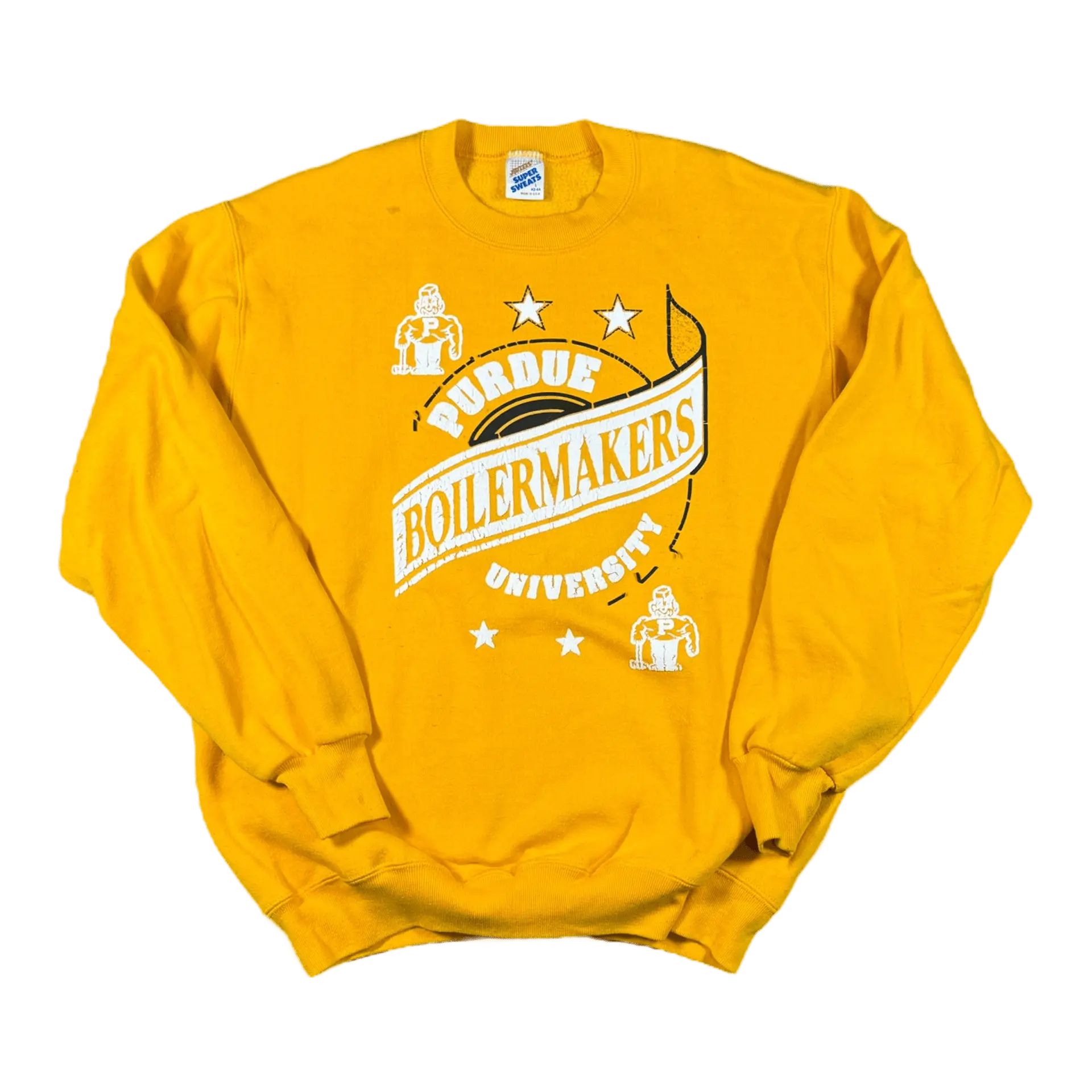 Yellow crewneck sweatshirt featuring Purdue Boilermakers star graphic design, ideal for fans of Purdue University. Made by Jerzees.