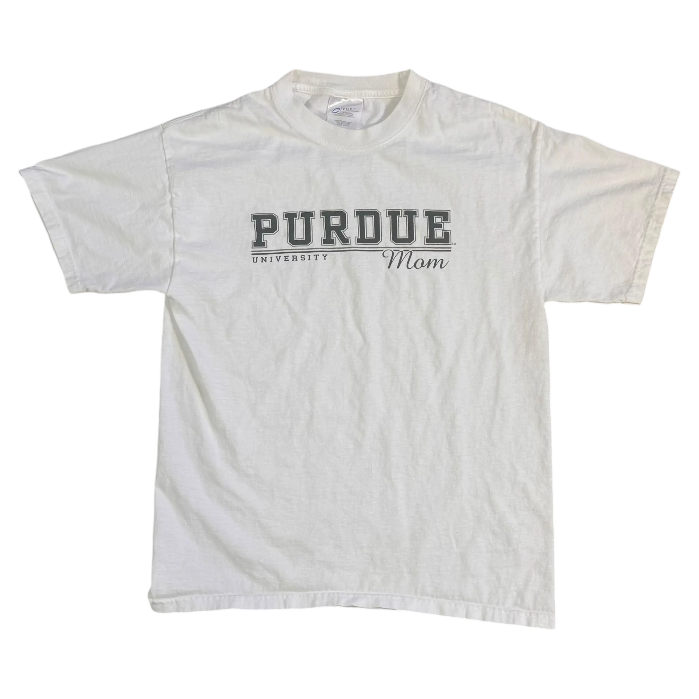 Vintage white Purdue Mom tee in size Small with black bold text, perfect for Boilermaker moms and Purdue supporters.