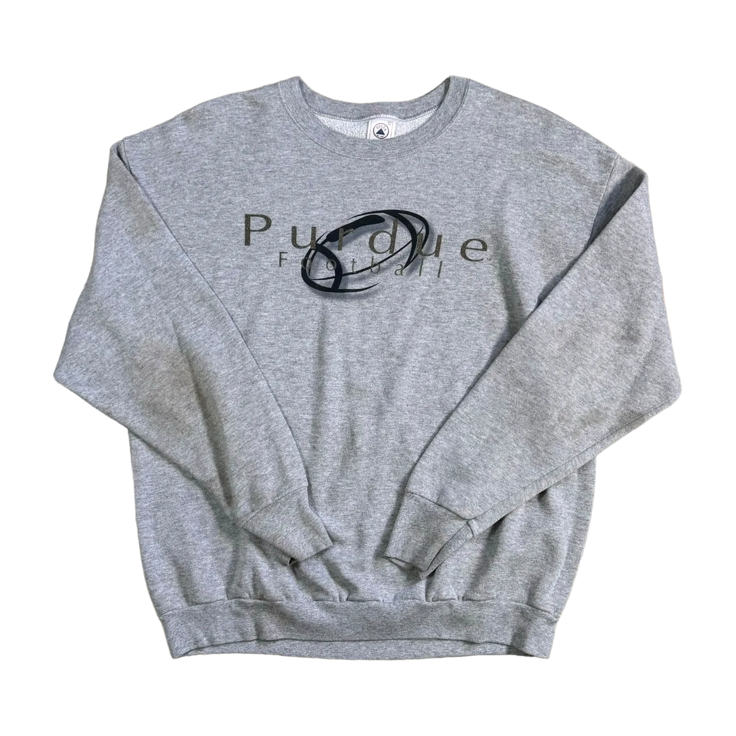 Vintage grey Purdue Football crewneck sweatshirt, size L, with subtle Purdue text logo.