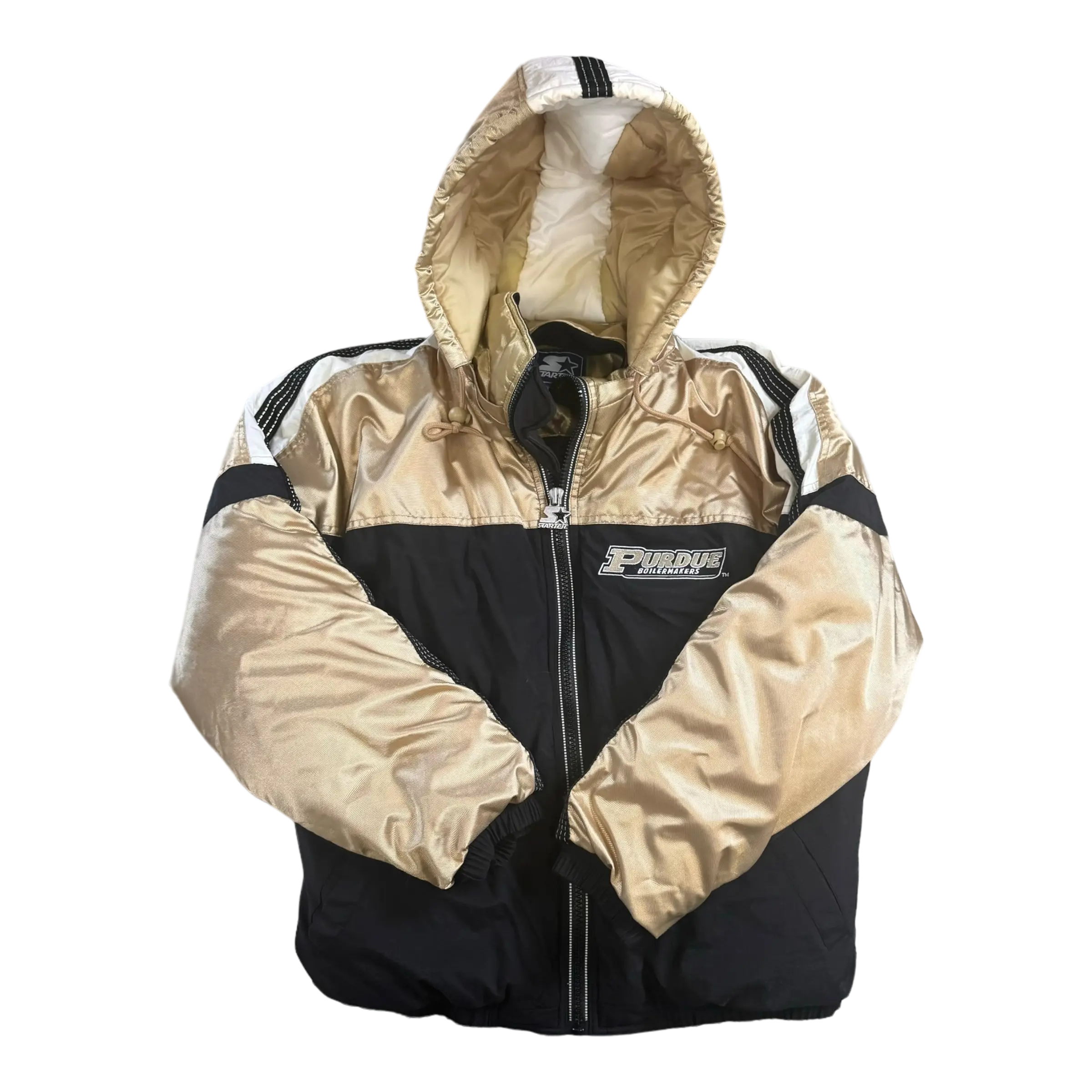 Starter Puffer Coat with black and gold Purdue design featuring bold branding, front zip, and insulated material for warmth.