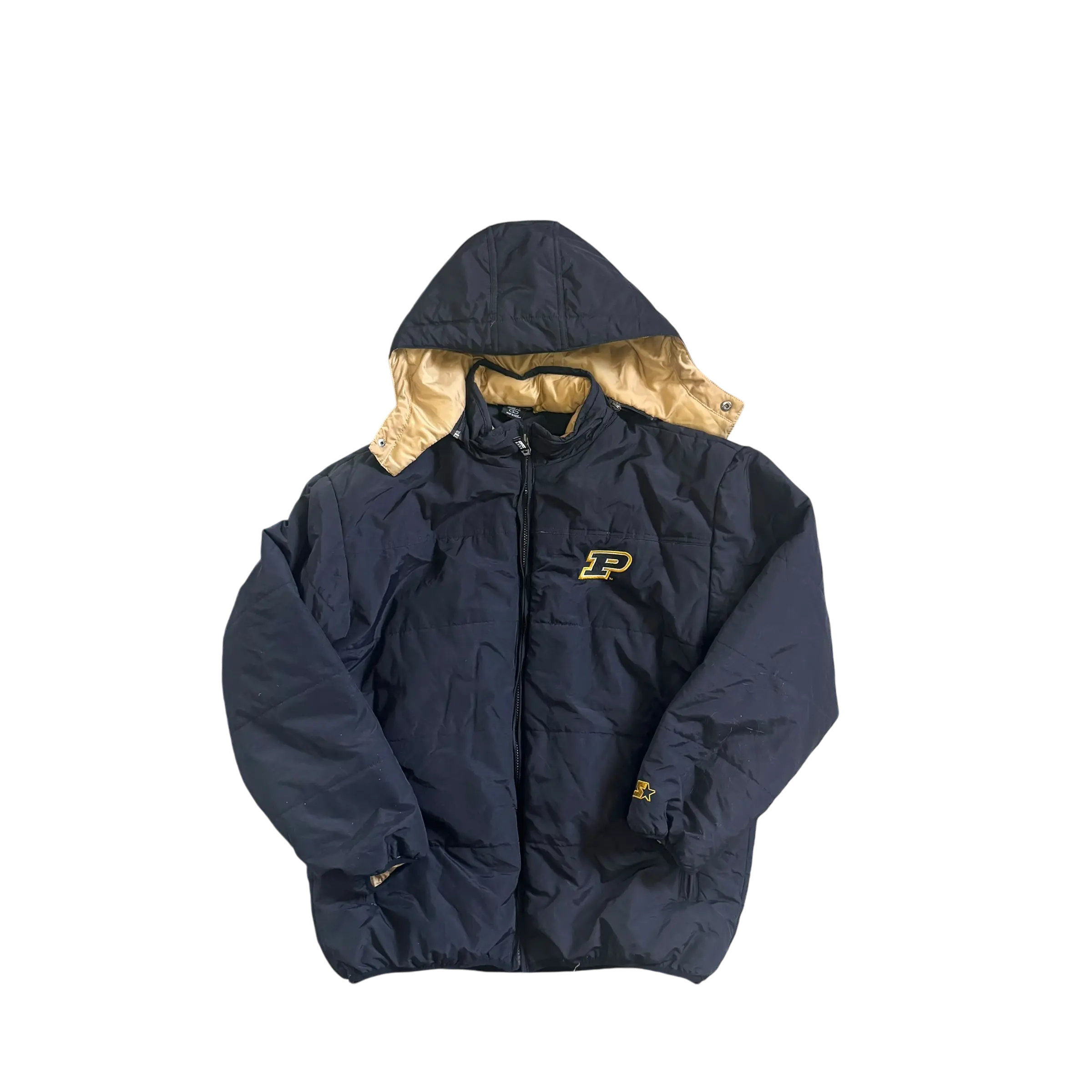 Vintage Purdue University black Starter coat with hood, featuring the Purdue ‘P’ logo and gold trim. Large size and excellent condition, perfect for game days and winter wear.