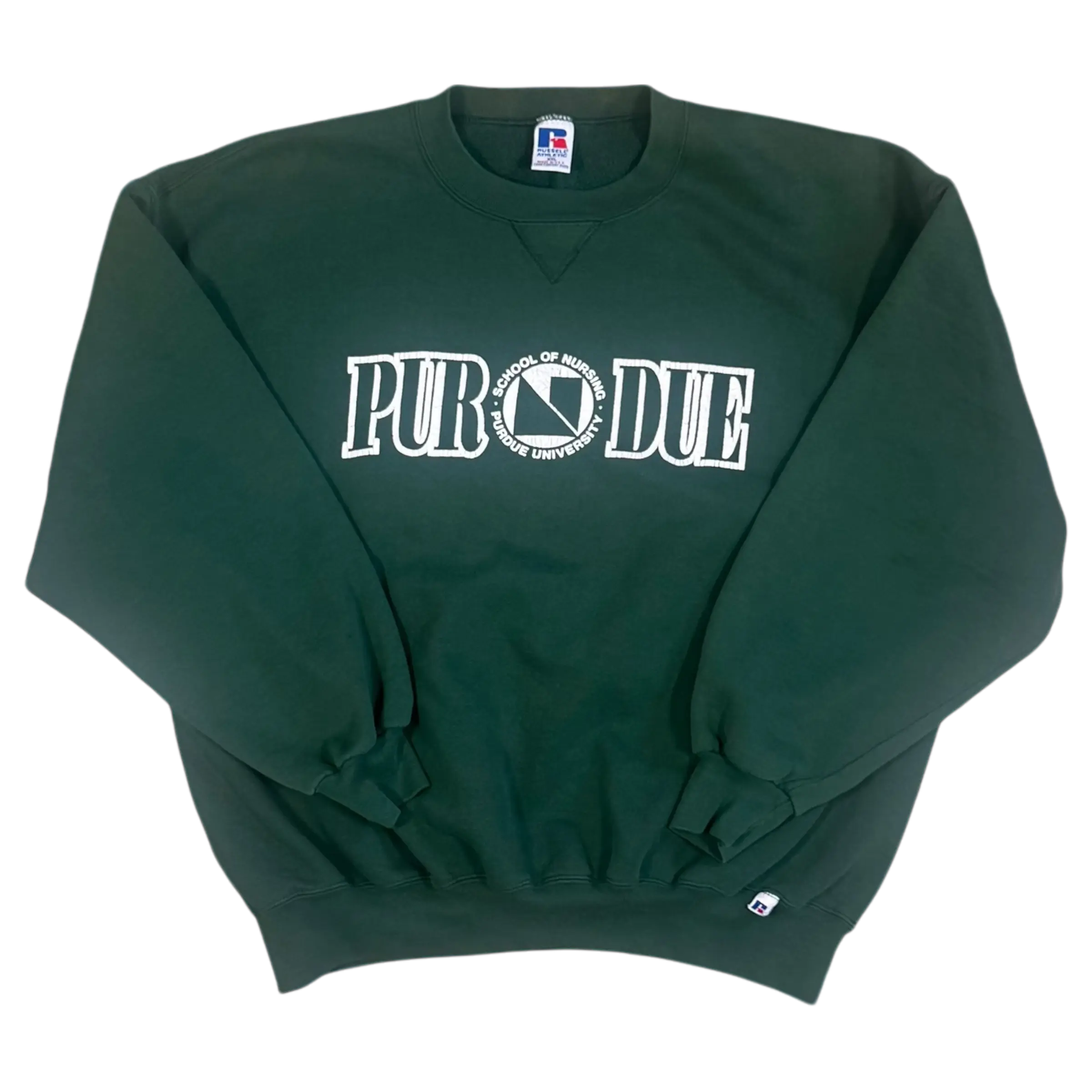 Vintage Purdue School of Nursing Sweatshirt with bold Purdue lettering in green, featuring slight discoloration on the collar, adding a unique touch to this classic college gear.
