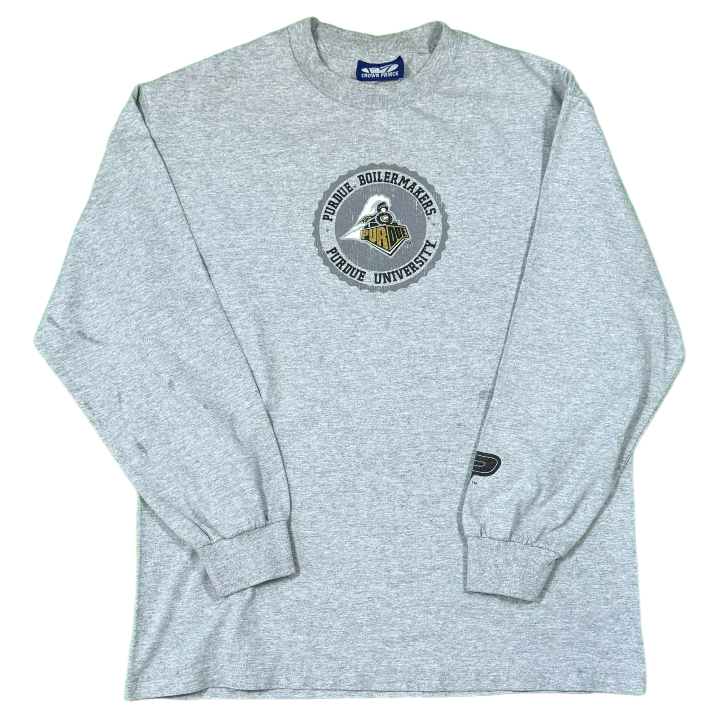 A medium-sized grey long-sleeve “Train Label Tee” by Crown Prince with a Purdue train design.