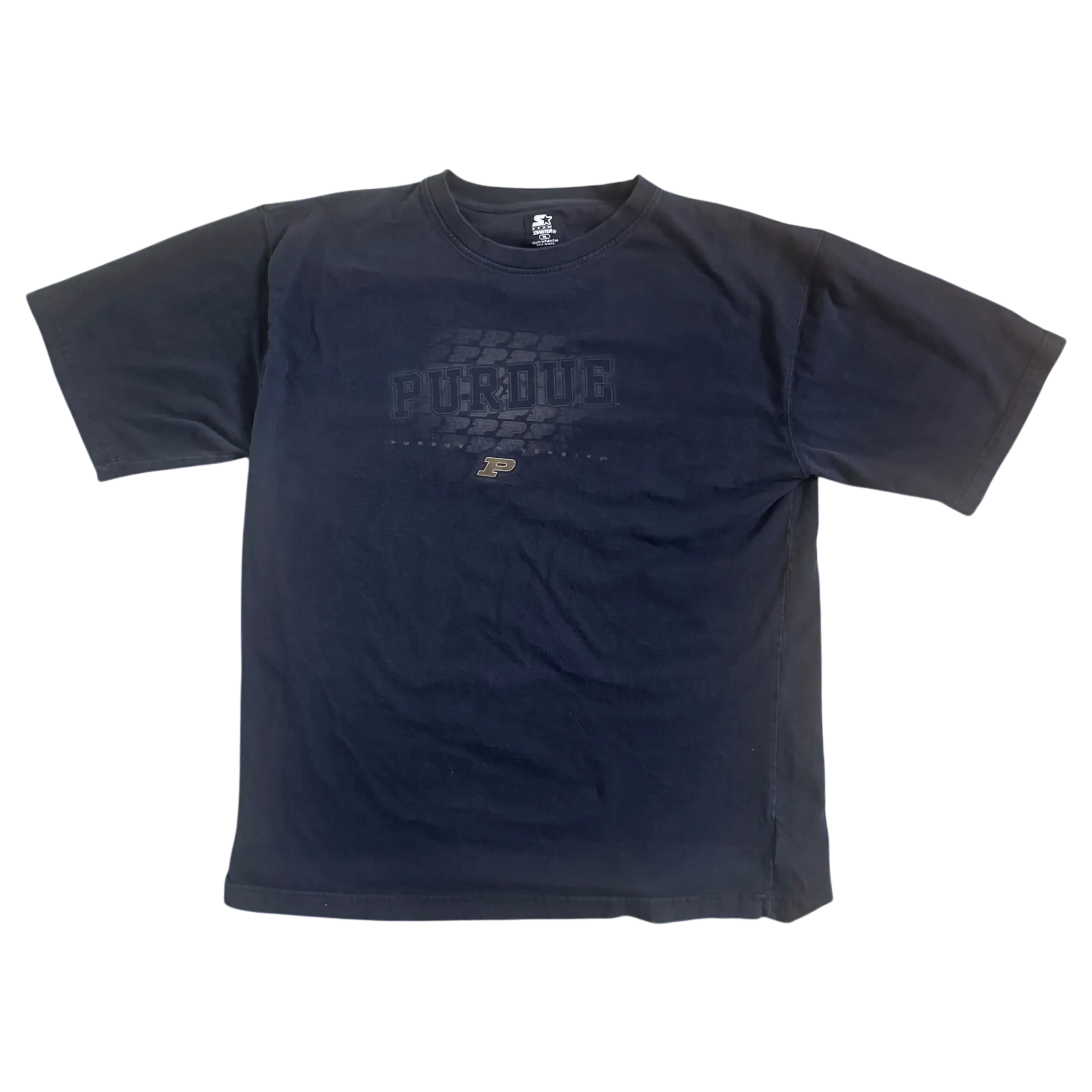 Vintage black Purdue Starter T-shirt featuring bold Purdue print, perfect for fans looking to showcase their Boilermaker pride.