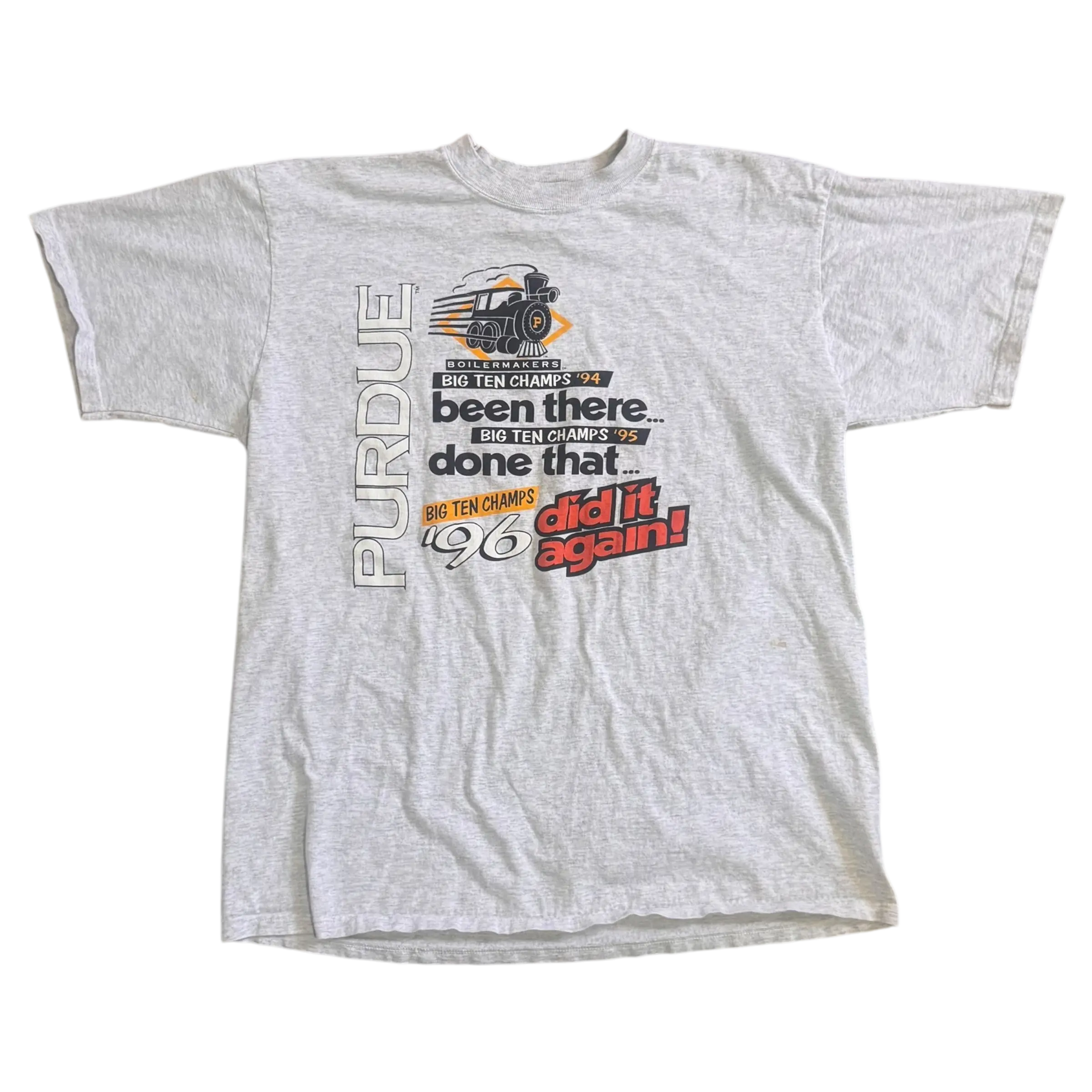 Vintage Purdue 3-Pete Basketball Tee in size XL, featuring graphics celebrating a historic basketball achievement. Light marks visible, adding to its vintage appeal.